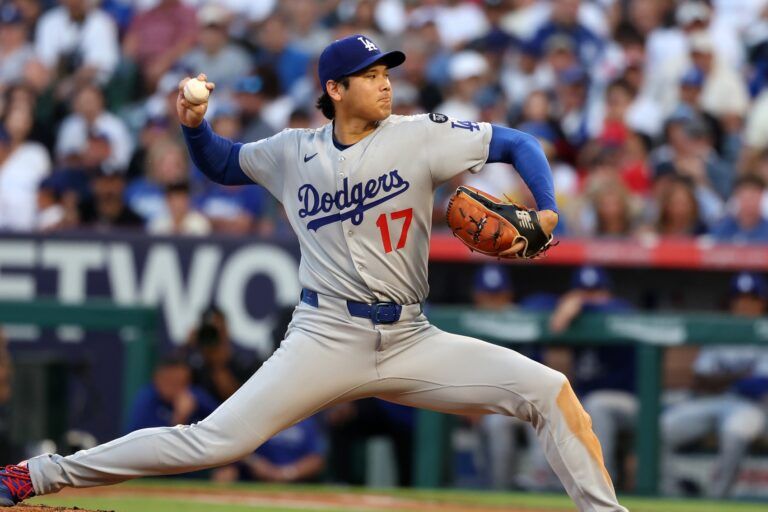 Los Angeles Dodgers two-way player Shohei Ohtani (17) pitches during the second inning against the Los Angeles Angels at Angel Stadium.