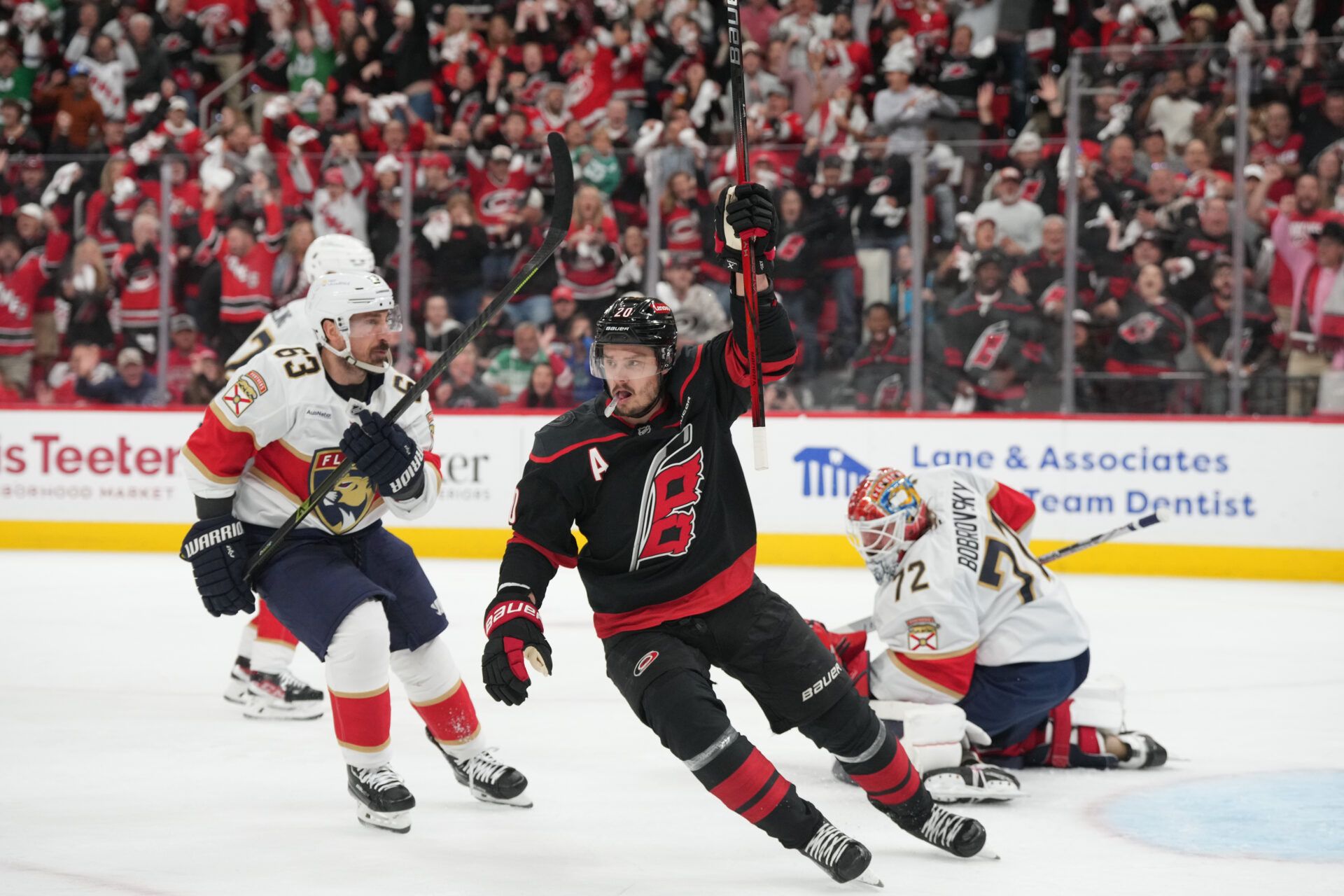 Carolina Hurricanes forward Sebastian Aho (20) celebrates scoring a goal during the first period against the Florida Panthers in game five of the Eastern Conference Final of the 2025 Stanley Cup Playoffs at Lenovo Center.