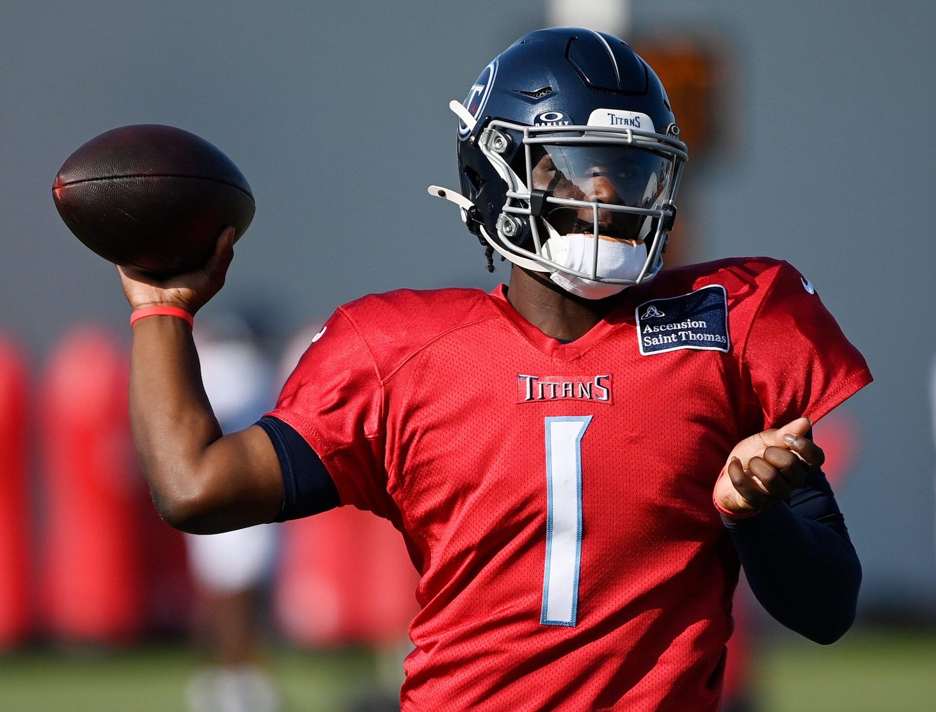 Tennessee Titans quarterback Cam Ward (1) throws the ball during an NFL football training camp practice at Ascension Saint Thomas Sports Park Saturday, Aug. 2, 2025, in Nashville, Tenn.
