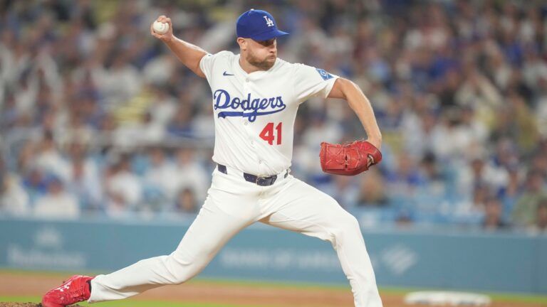 Los Angeles, California, USA; Los Angeles Dodgers pitcher Brock Stewart (41) delivers a pitch in the top of the ninth inning during an MLB game against the St. Louis Cardinals at Dodger Stadium.