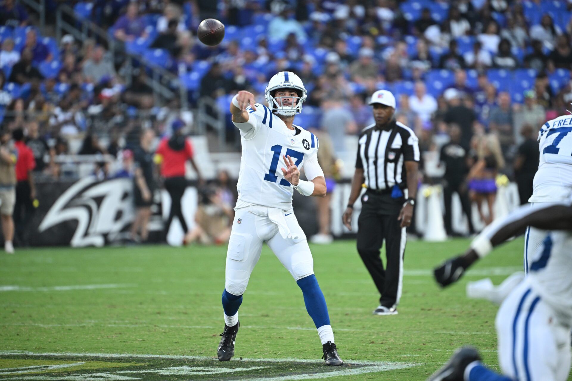 Indianapolis Colts quarterback Daniel Jones (17) attempts a pass against the Baltimore Ravens during the first quarter at M&T Bank Stadium.