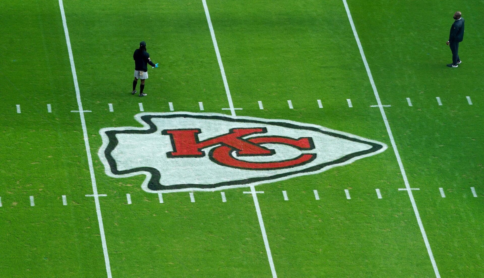 A general view of the centerfield logo before the game between the Kansas City Chiefs and Carolina Panthers at Arrowhead Stadium.
