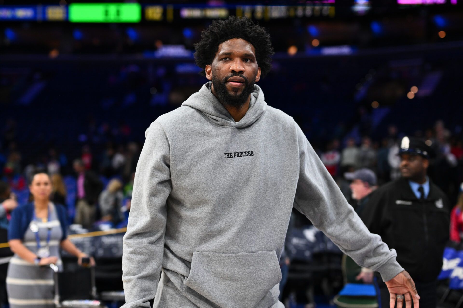 Philadelphia 76ers center Joel Embiid looks on after the game against the Indiana Pacers at Wells Fargo Center.
