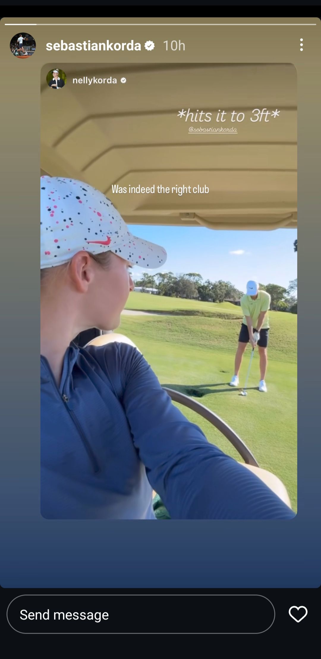 Screen grab of Sebastian Korda's Instagram story