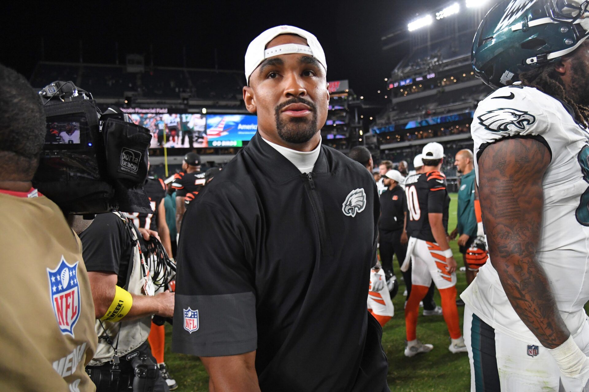 Philadelphia Eagles quarterback Jalen Hurts (1) on the field after game against the Cincinnati Bengals at Lincoln Financial Field.