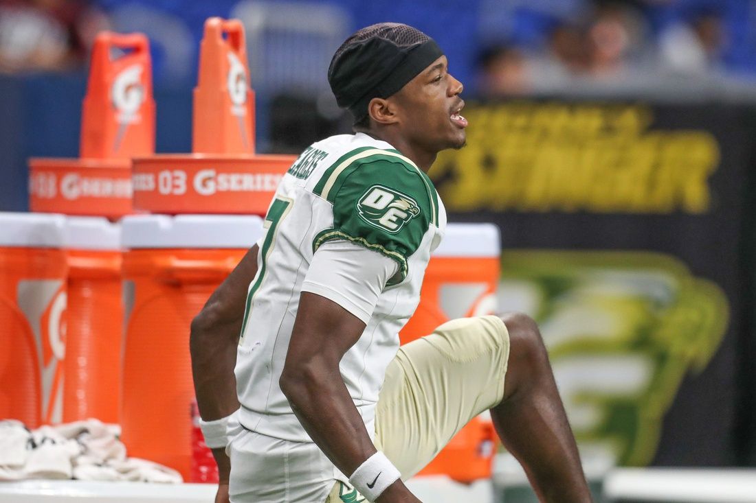 DeSoto's Ethan Feaster warms up after halftime during Friday's game at the Alamodome on Sept. 13, 2024, in San Antonio, Texas.
