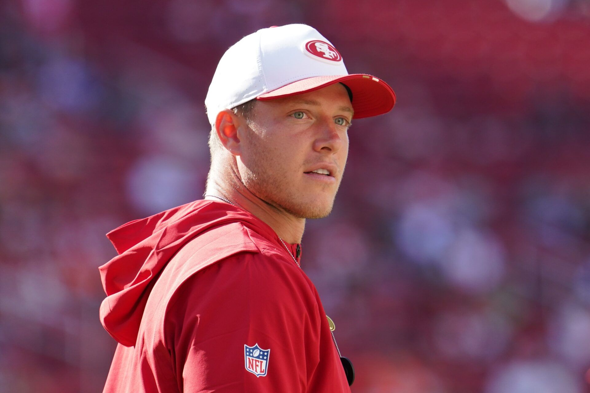 San Francisco 49ers running back Christian McCaffrey (23) warms up before the game against the Denver Broncos at Levi's Stadium.