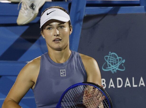 Anna Kalinskaya celebrates after her match against Clara Tauson (DEN)(not pictured) in a women's singles quarter final of the Mubadala Citi DC Open at Rock Creek Park Tennis Center.