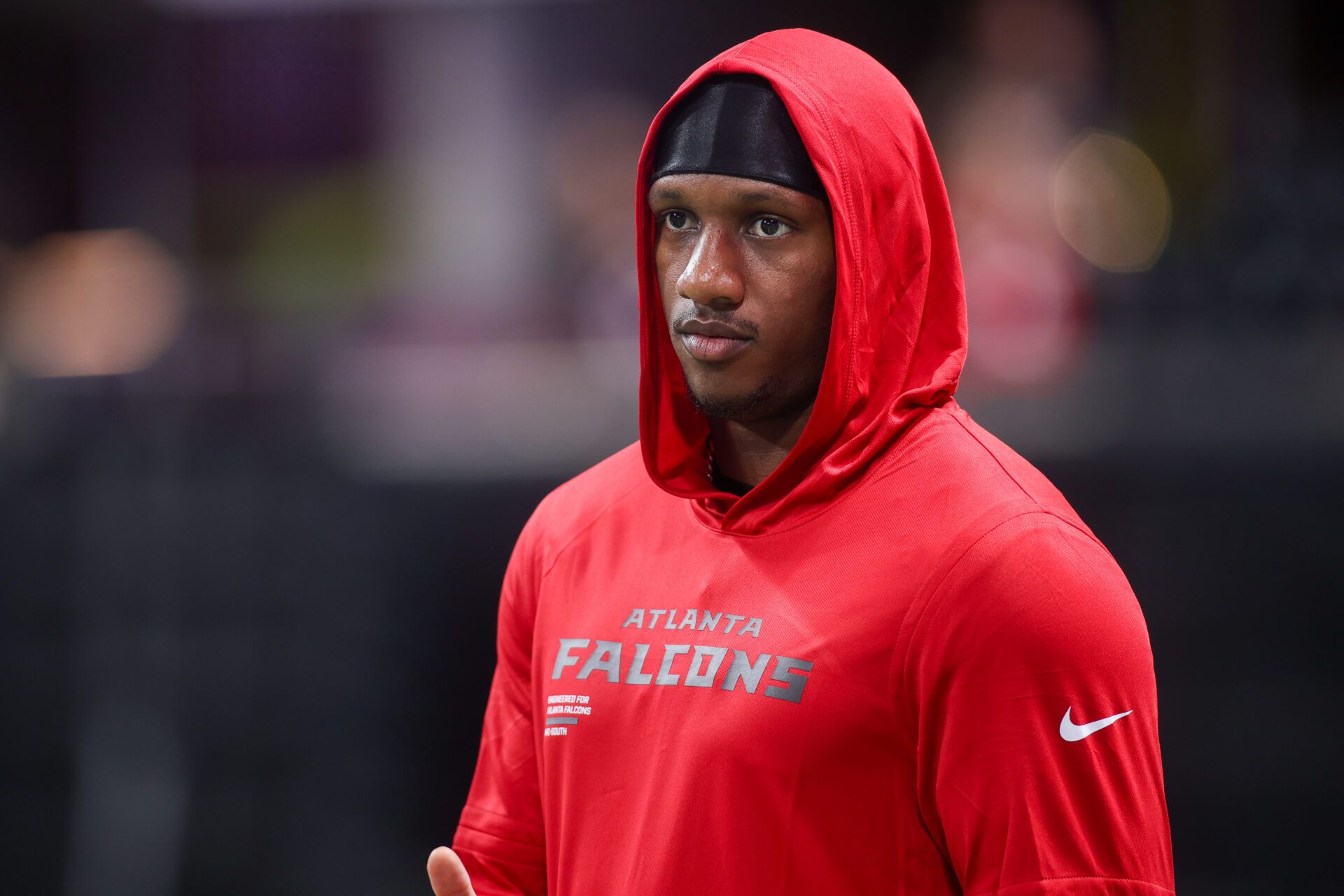 Atlanta Falcons quarterback Michael Penix Jr. (9) on the field before a game against the Detroit Lions at Mercedes-Benz Stadium.