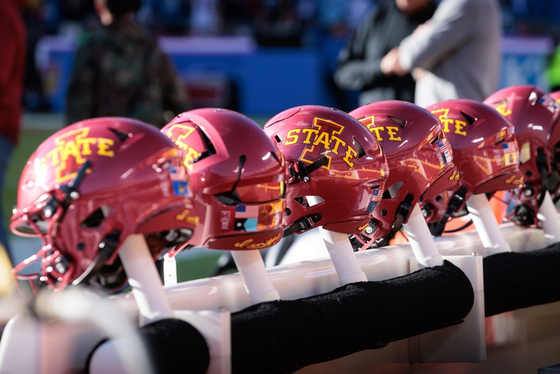 Iowa State Cyclones helmets on the bench during the first quarter against the Kansas Jayhawks at GEHA Field at Arrowhead Stadium.