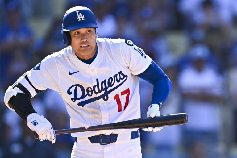 Los Angeles Dodgers designated hitter Shohei Ohtani (17) reacts after hitting a foul ball against the Toronto Blue Jays during the ninth inning at Dodger Stadium.