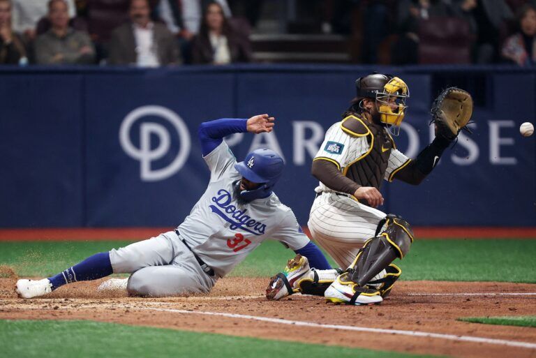 [US, Mexico & Canada customers only] March 20, 2024; Seoul, SOUTH KOREA; Los Angeles Dodgers player Teoscar Hernandez scores a run against the San Diego Padres during a MLB regular season Seoul Series game at Gocheok Sky Dome.