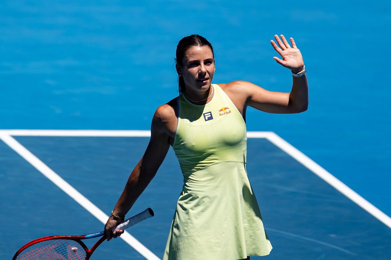 Emma Navarro of United States of America celebrates during her match against Ons Jabeur of Tunisia in the third round of the women's singles at the 2025 Australian Open at Melbourne Park.