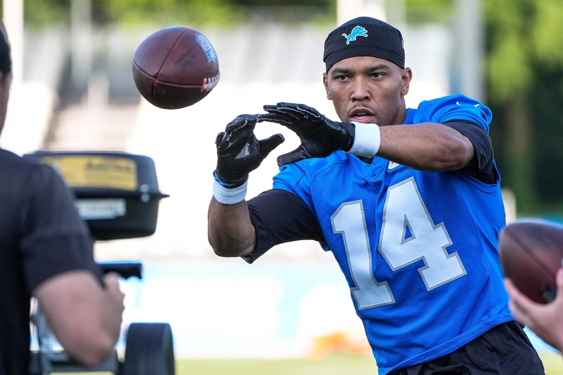 Detroit Lions wide receiver Amon-Ra St. Brown (14) practices during training camp at Meijer Performance Center in Allen Park on Monday, July 21, 2025.