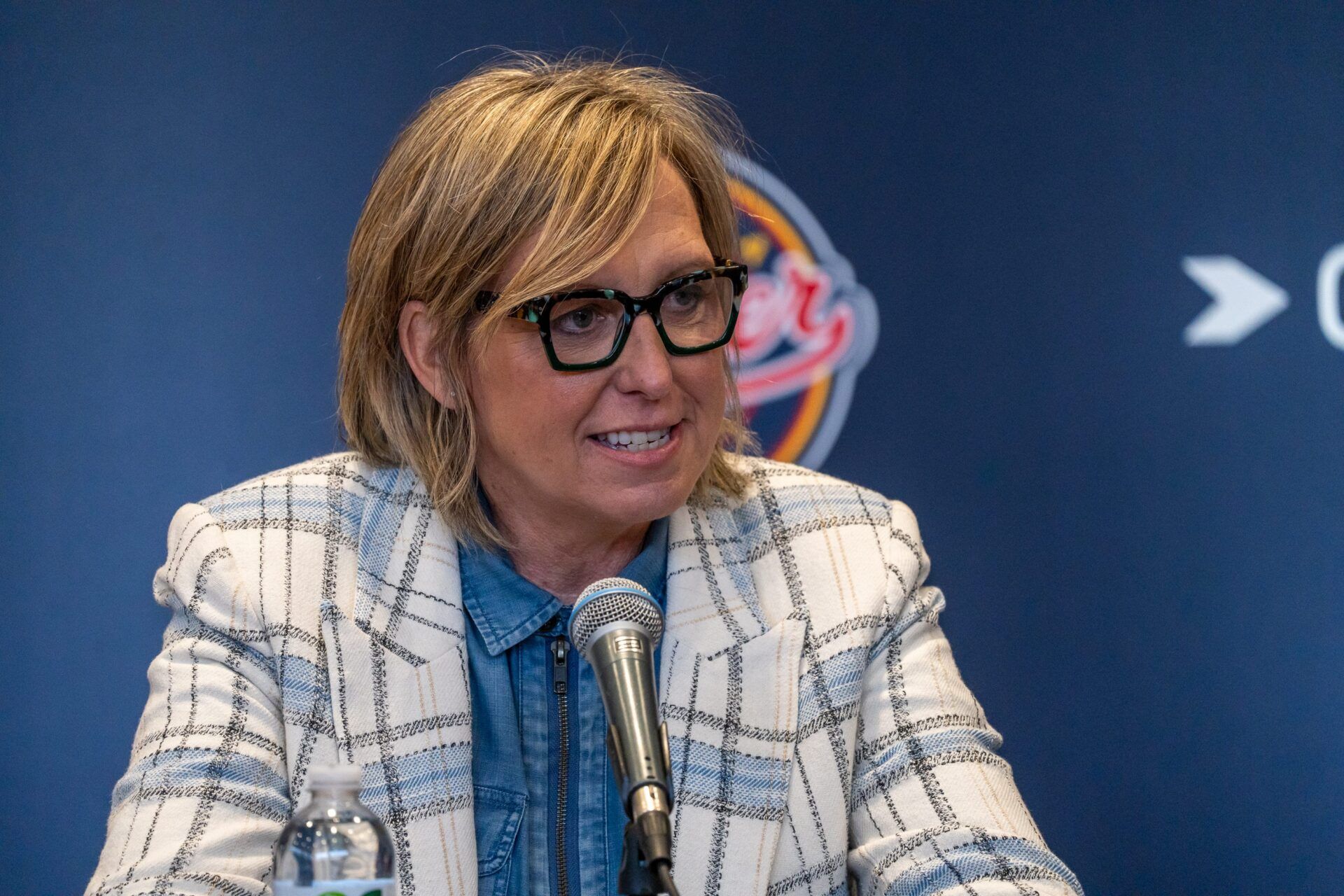 Indiana Fever General Manager Amber Cox welcomes Natasha Howard back to the team Tuesday, Feb. 4, 2025, during a press conference at Gainbridge Fieldhouse in Indianapolis.