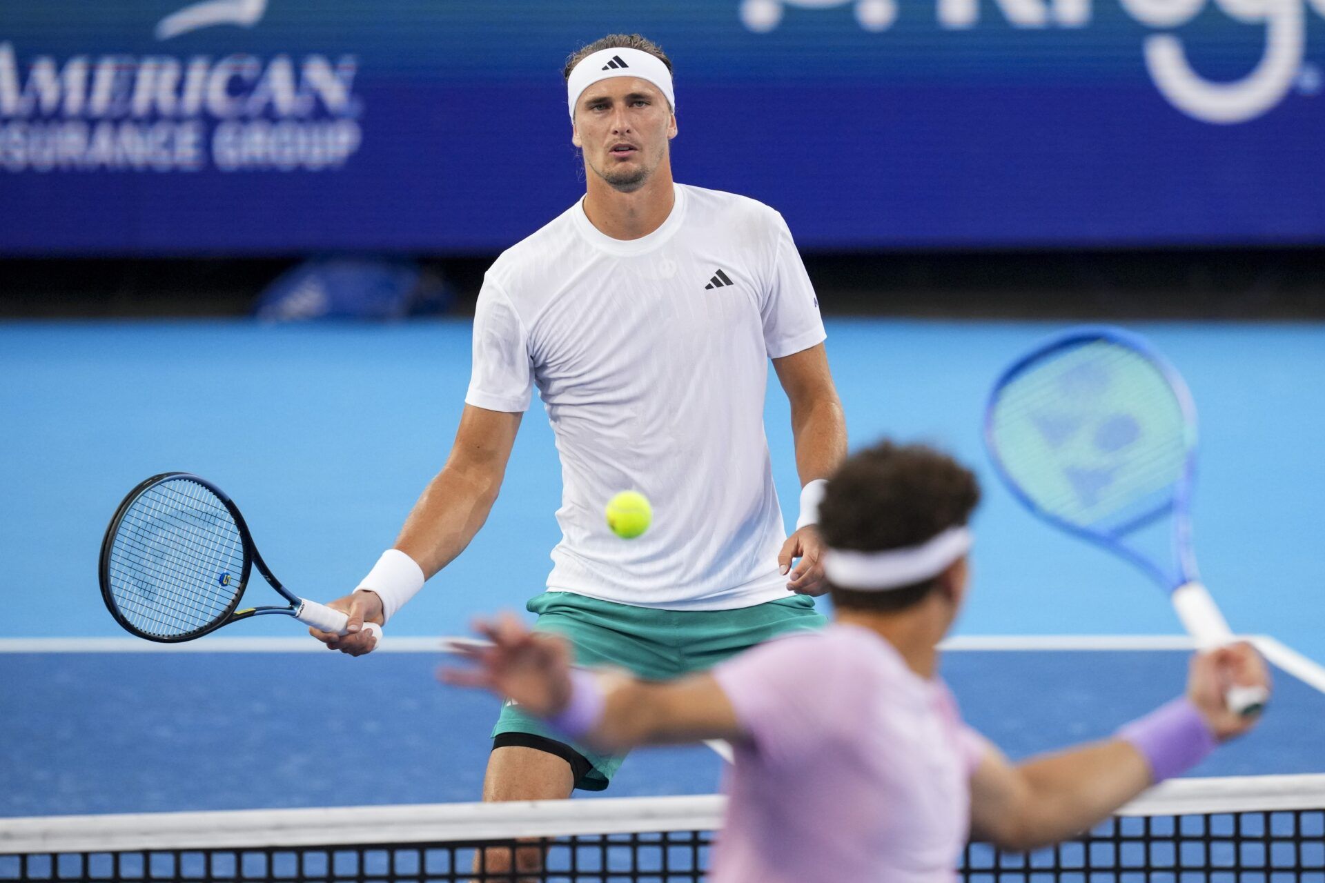 Alexander Zverev (GER) watches as he is unable to return a shot against Ben Shelton (USA) during the Cincinnati Open at the Lindner Family Tennis Center.