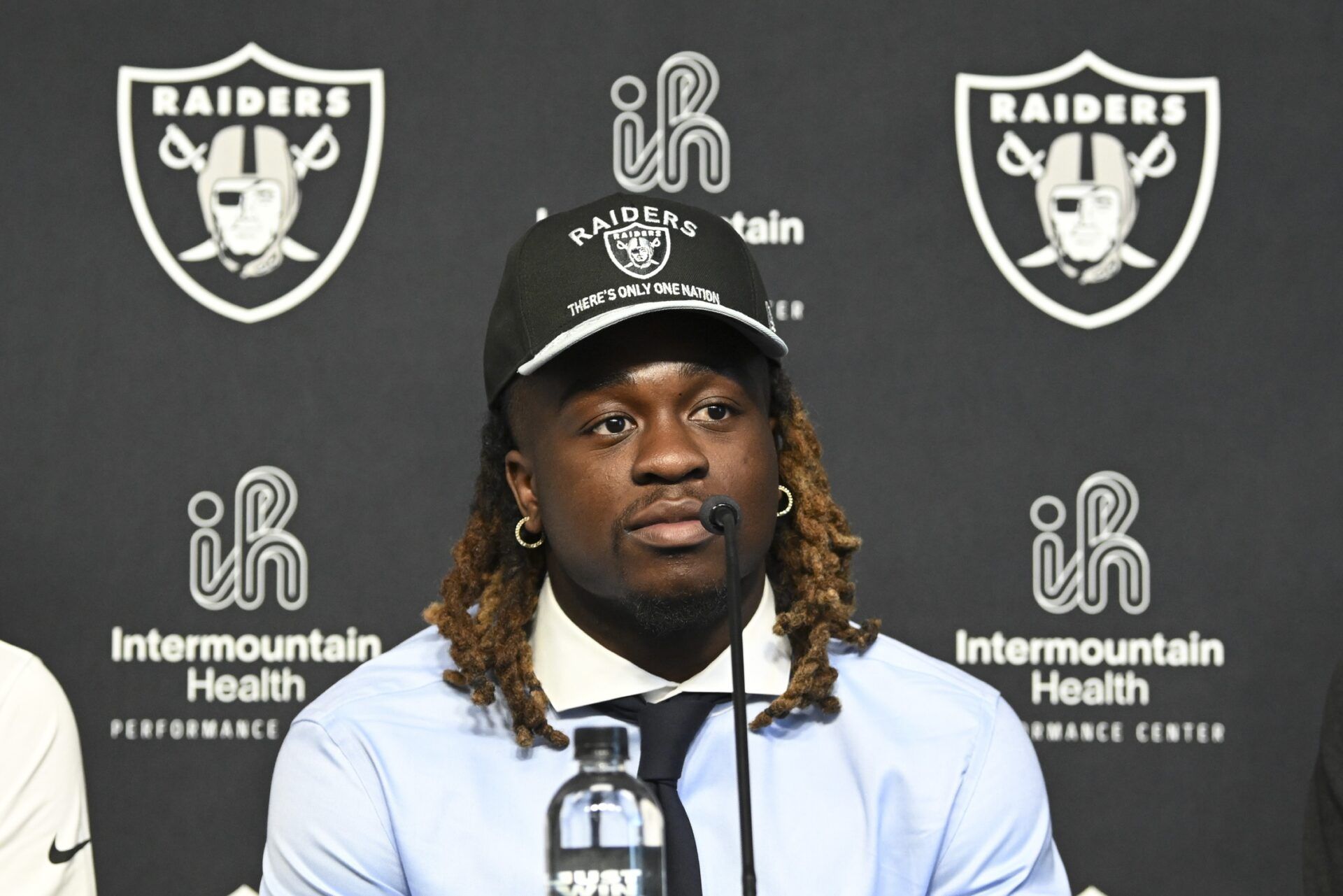 Las Vegas Raiders first round draft pick in the 2025 NFL Draft Ashton Jeanty, speaks to the media at Intermountain Health Performance Center.