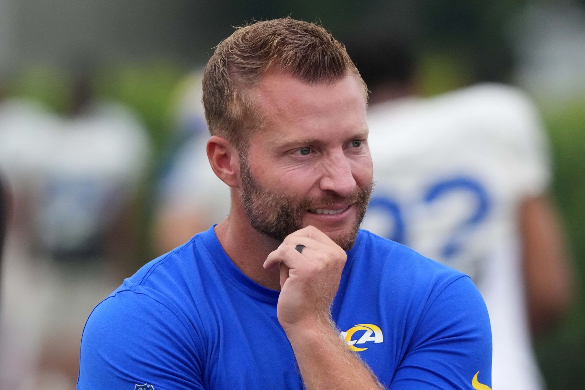Los Angeles Rams head coach Sean McVay watches during a joint practice against the Los Angeles Rams at the Dignity Health Sports Park.