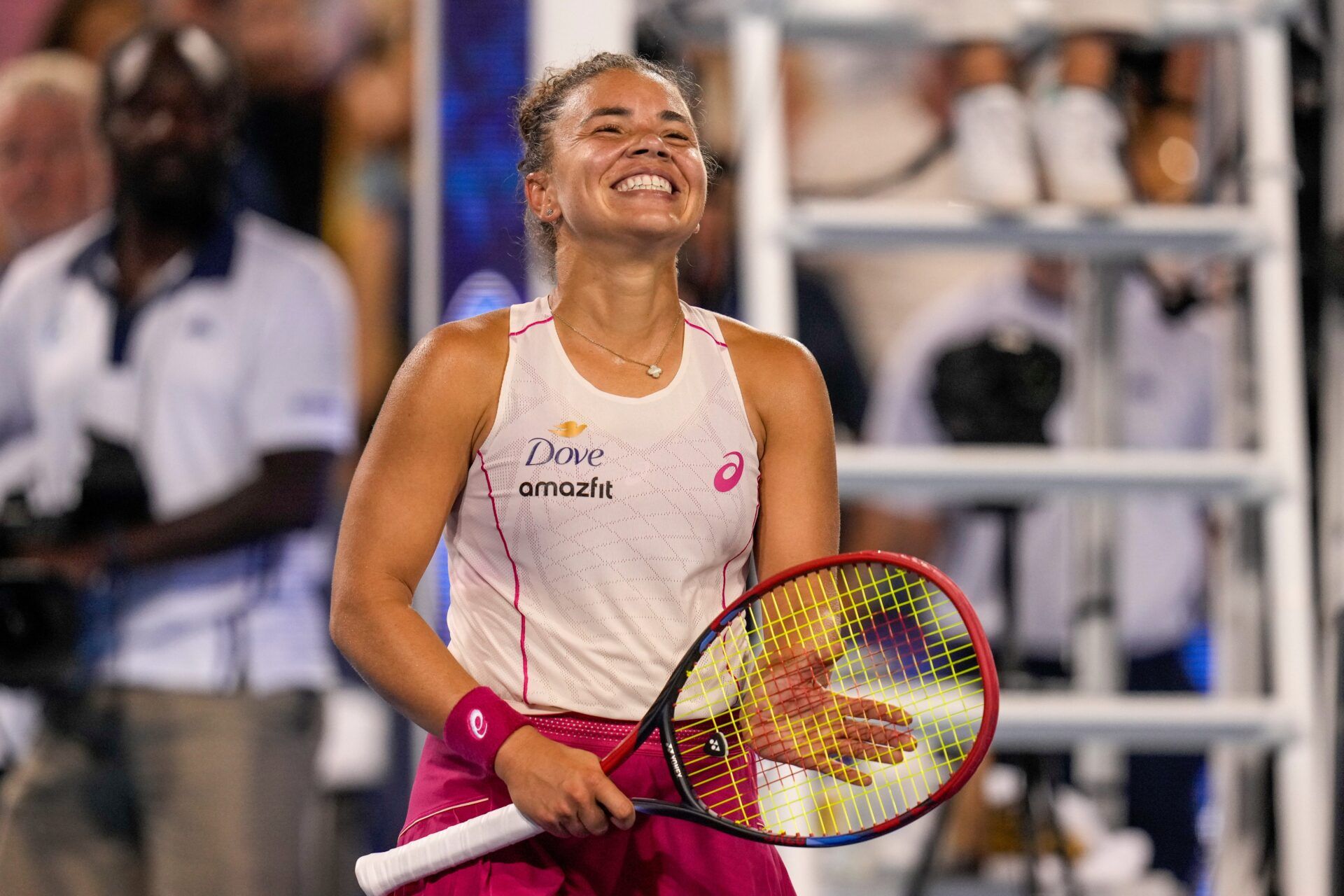 Jasmine Paolini smiles after taking the win in the Cincinnati Open quarterfinal match between Coco Gauff and Jasmine Paolini at the Lindner Family Tennis Center in Mason, Ohio, on Friday, Aug. 15, 2025. Paolini won 2-6, 6-4, 6-3.