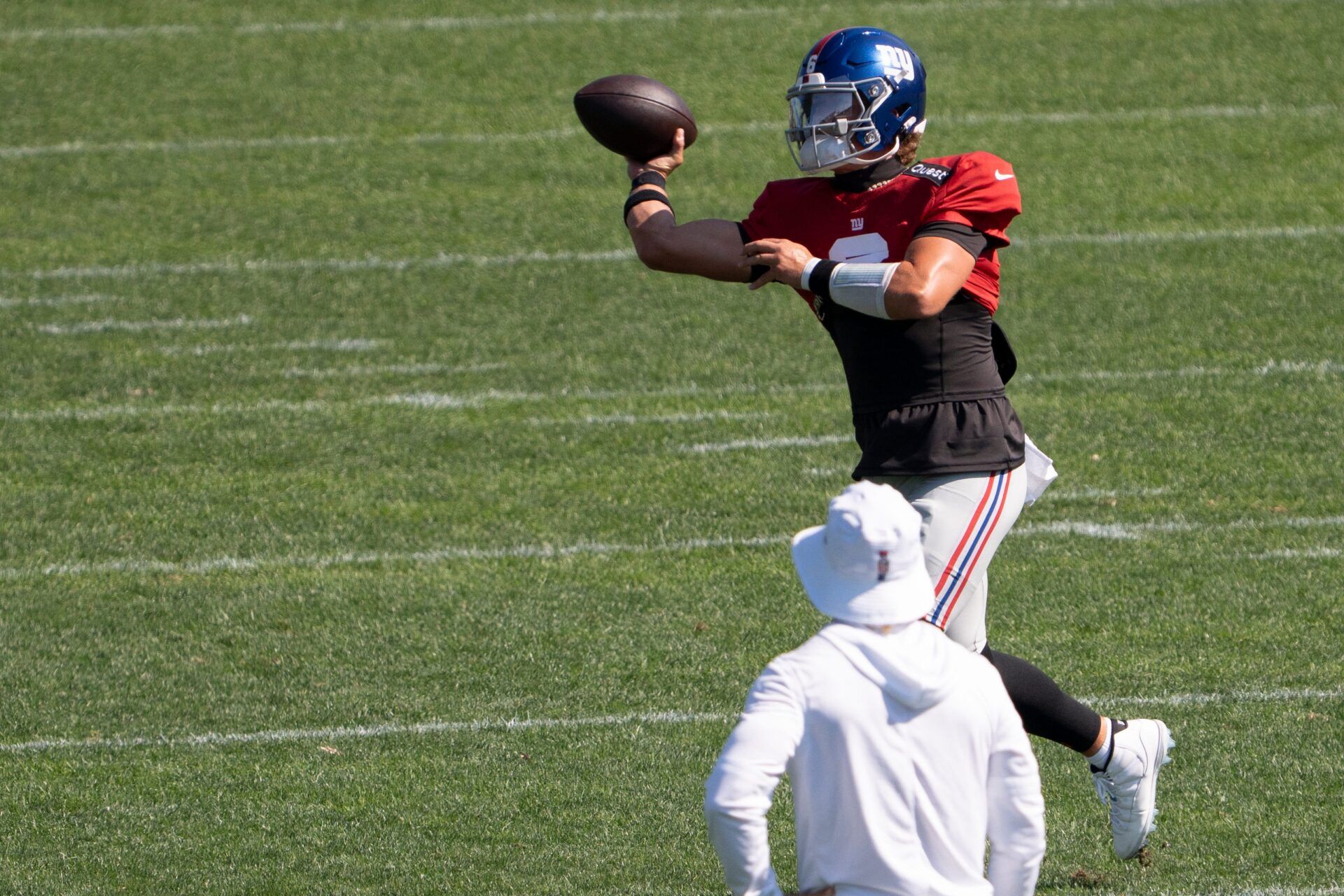 at Atlantic Health Jets Training Center. The Giants and Jets participate in a joint practice at the Jets' training facility in Florham Park. New York Giants #6 Jaxson Dart.