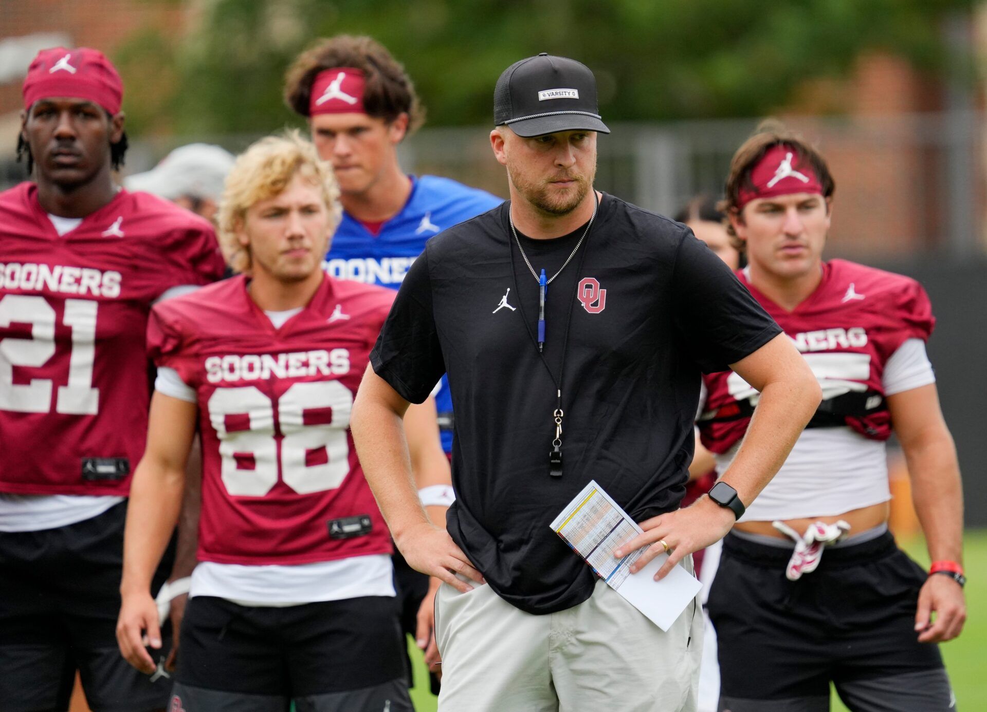 Offensive Coordinator Ben Arbuckle watches action at the University of Oklahoma (OU) first fall open football practice, Friday, Aug. 1, 2025.
