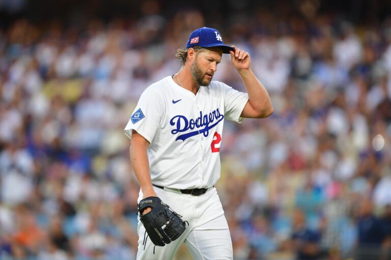 Los Angeles Dodgers pitcher Clayton Kershaw (22) reacts after the first inning against the San Diego Padres at Dodger Stadium.