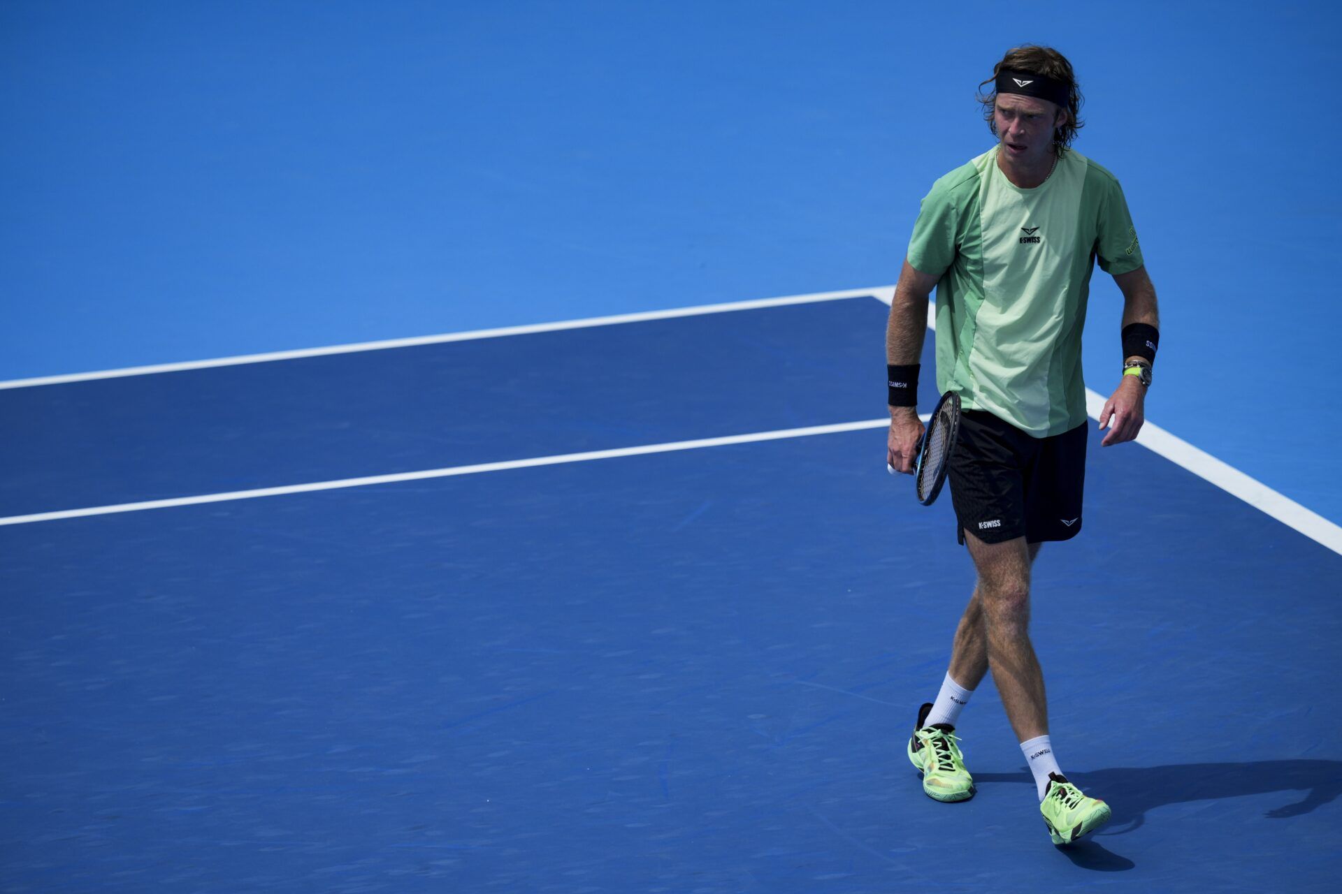 Andrey Rublev (RUS) reacts after returning a shot against Learner Tien (USA) during the Cincinnati Open at the Lindner Family Tennis Center.
