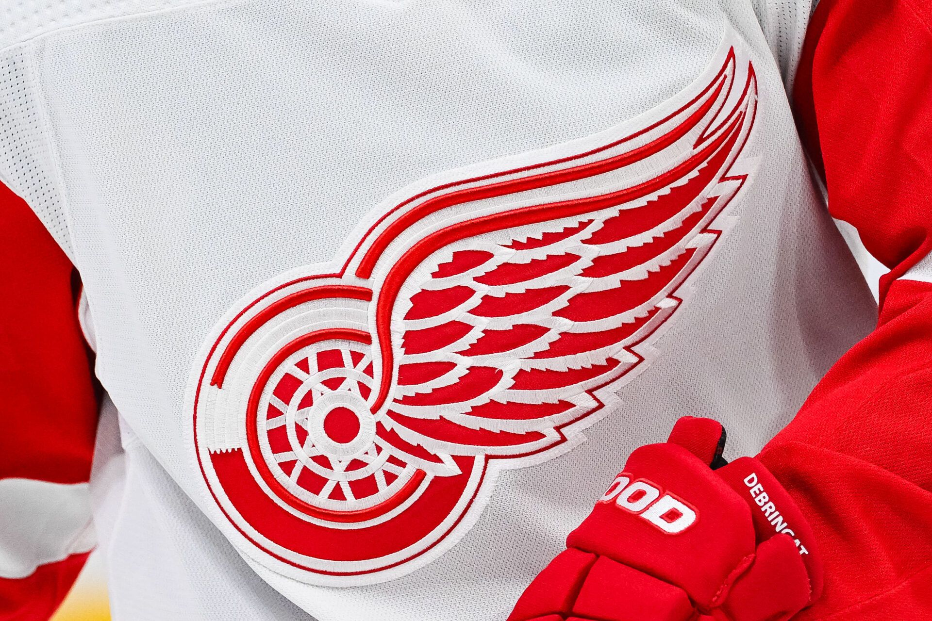View of a Detroit Red Wings logo on a jersey worn by a member of the team during warm-up before the game against the Montreal Canadiens at Bell Centre.