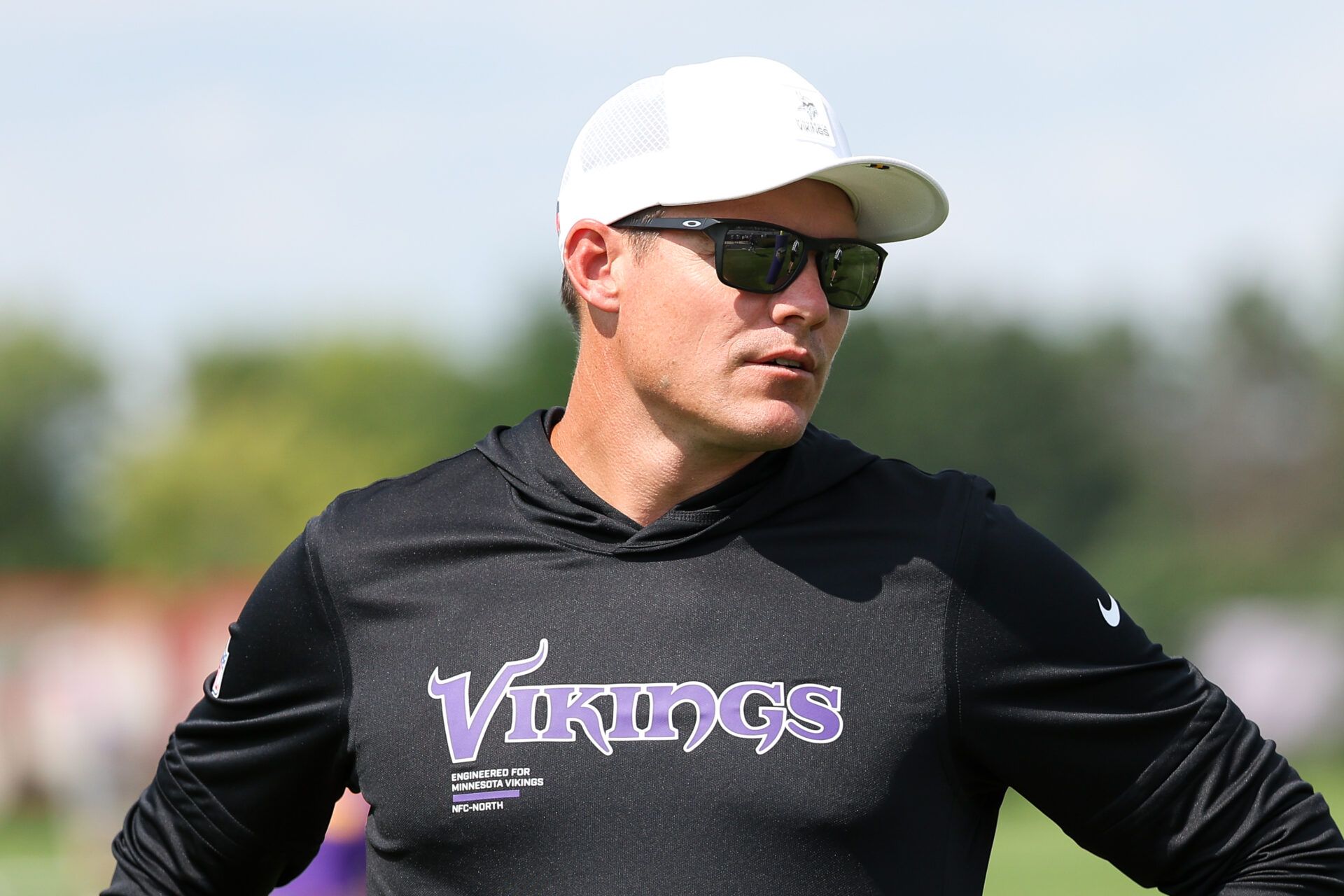 Minnesota Vikings head coach Kevin O'Connell looks on during the teams training camp at the Minnesota Vikings Training Facility.