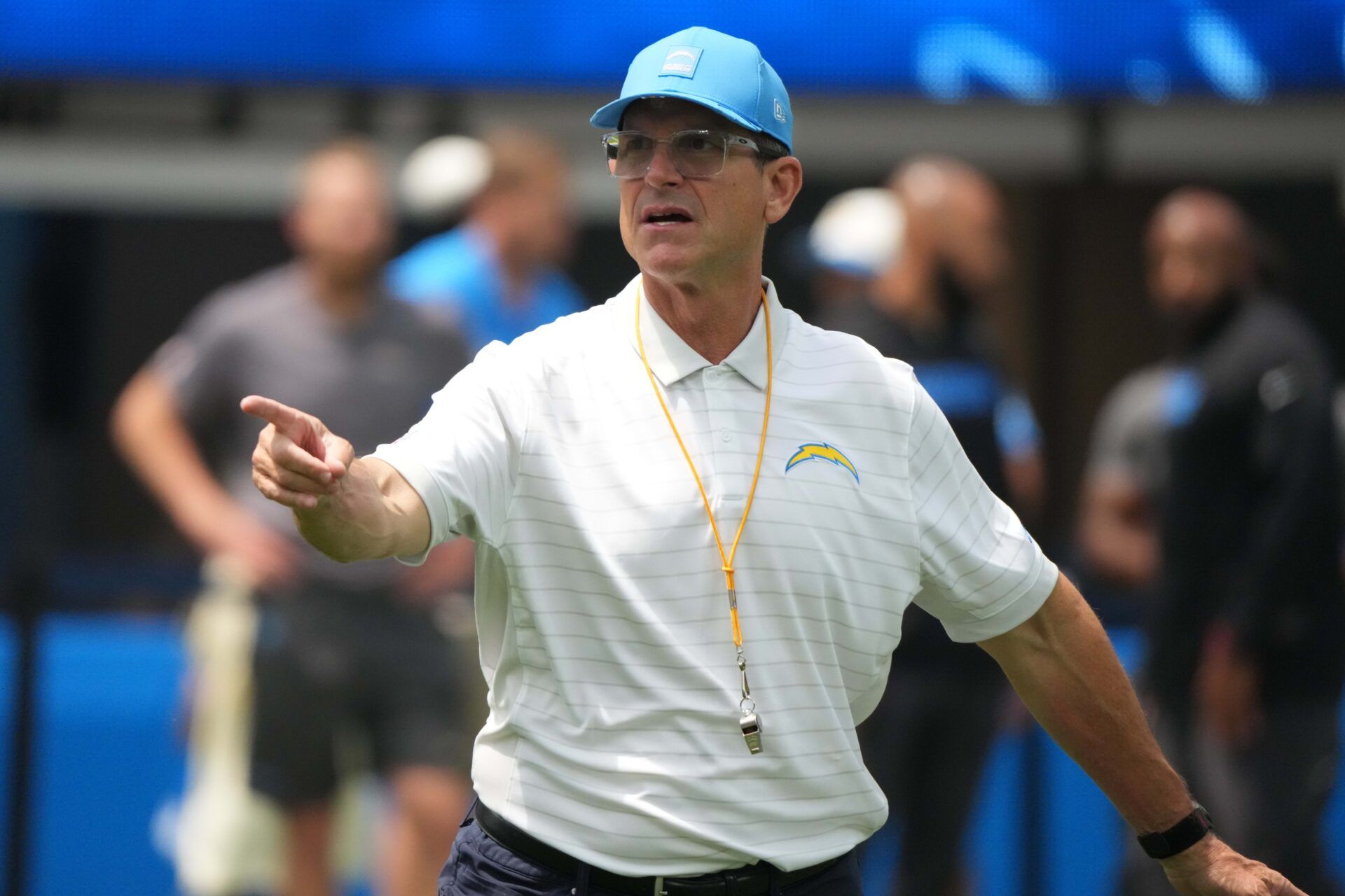 Los Angeles Chargers coach Jim Harbaugh reacts during the game against the New Orleans Saints at SoFi Stadium.