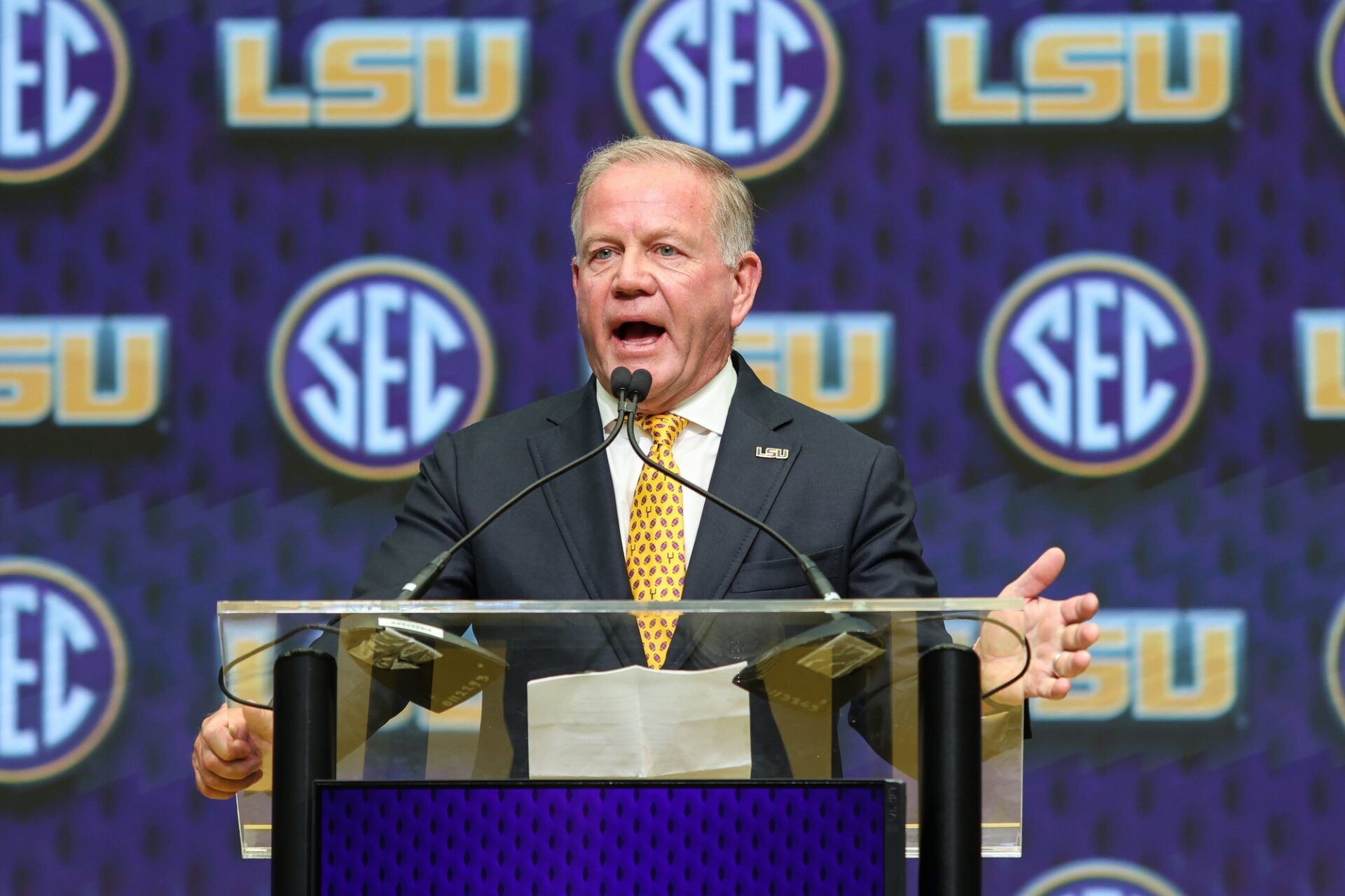 LSU Tigers head coach Brian Kelly talks to the media during SEC Media Day at Omni Atlanta Hotel.