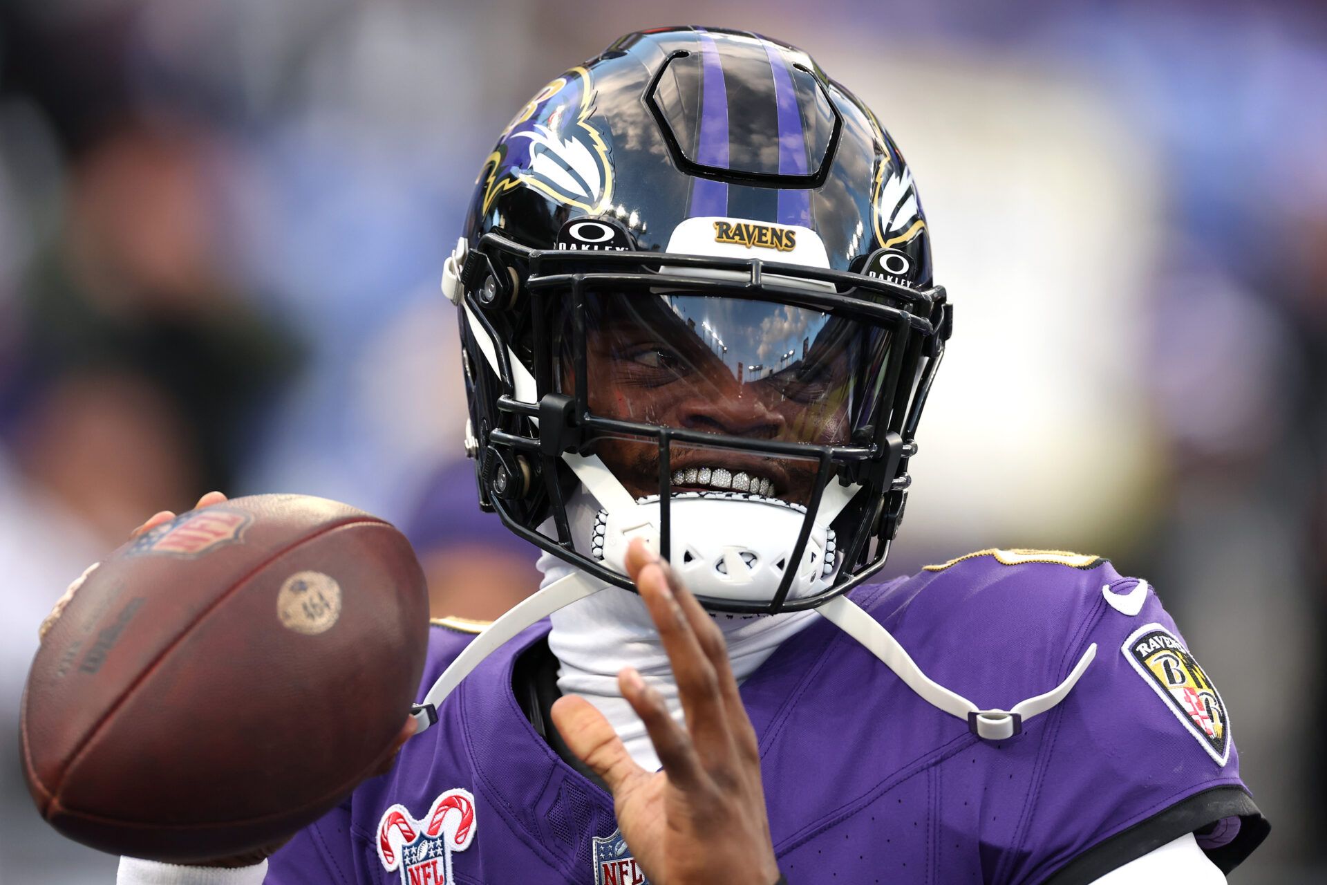 BALTIMORE, MARYLAND - DECEMBER 21: Lamar Jackson #8 of the Baltimore Ravens warms up before the game against the Pittsburgh Steelers at M&T Bank Stadium on December 21, 2024 in Baltimore, Maryland. (Photo by Patrick Smith/Getty Images)