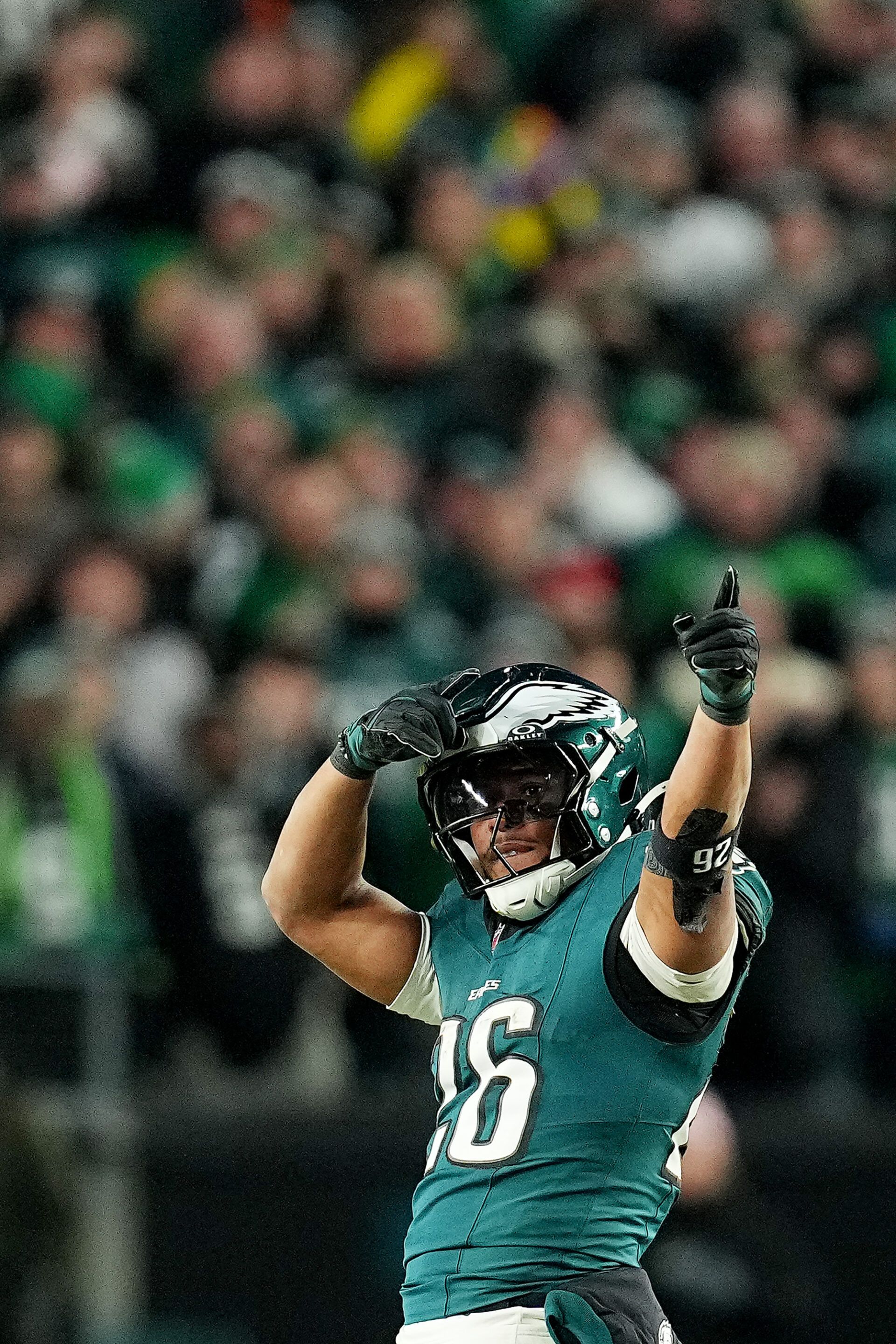 PHILADELPHIA, PENNSYLVANIA - JANUARY 12: Saquon Barkley #26 of the Philadelphia Eagles reacts in the fourth quarter of a game against the Green Bay Packers during the NFC Wild Card Playoff at Lincoln Financial Field on January 12, 2025 in Philadelphia, Pennsylvania.  (Photo by Mitchell Leff/Getty Images)