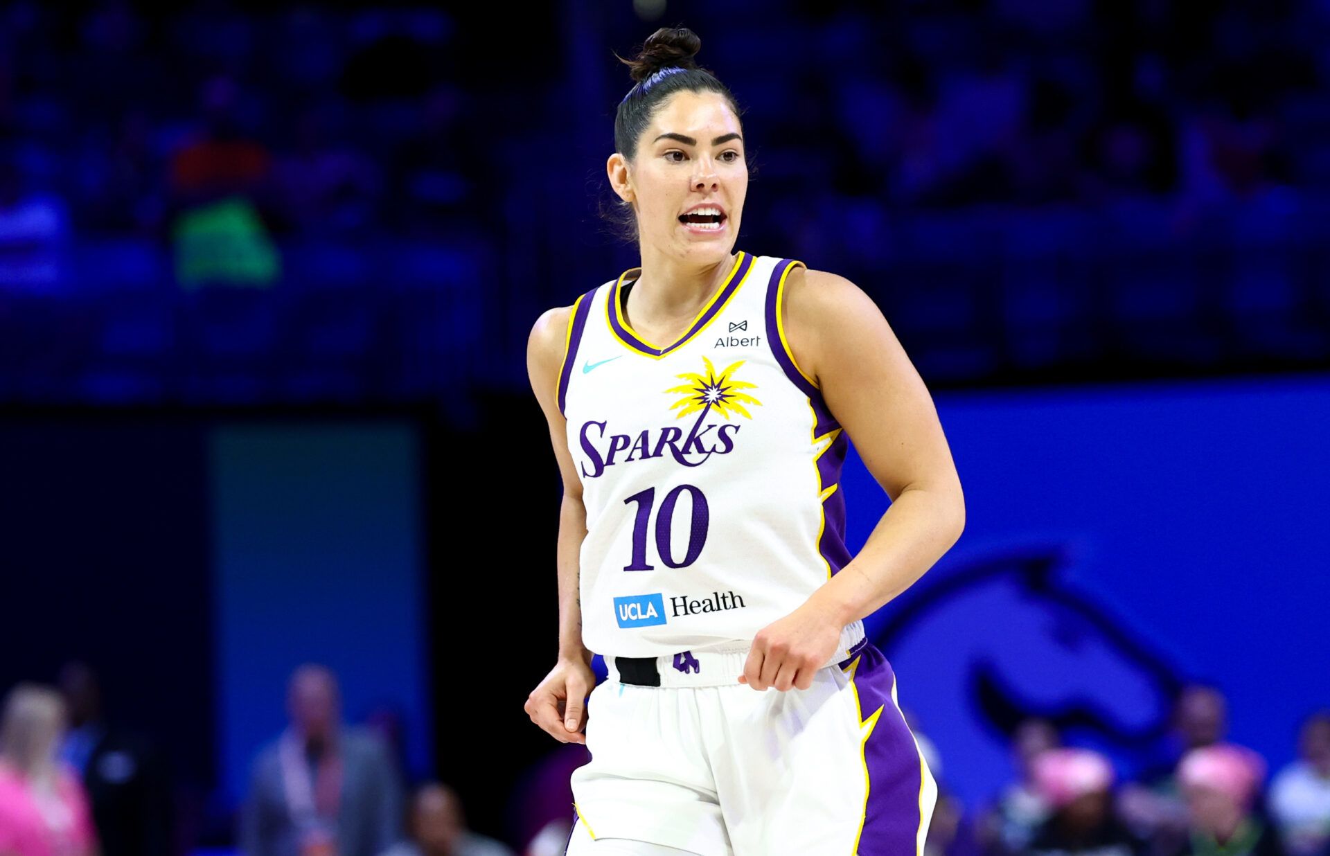 Los Angeles Sparks guard Kelsey Plum (10) reacts after scoring against the Dallas Wings during the first half at College Park Center.