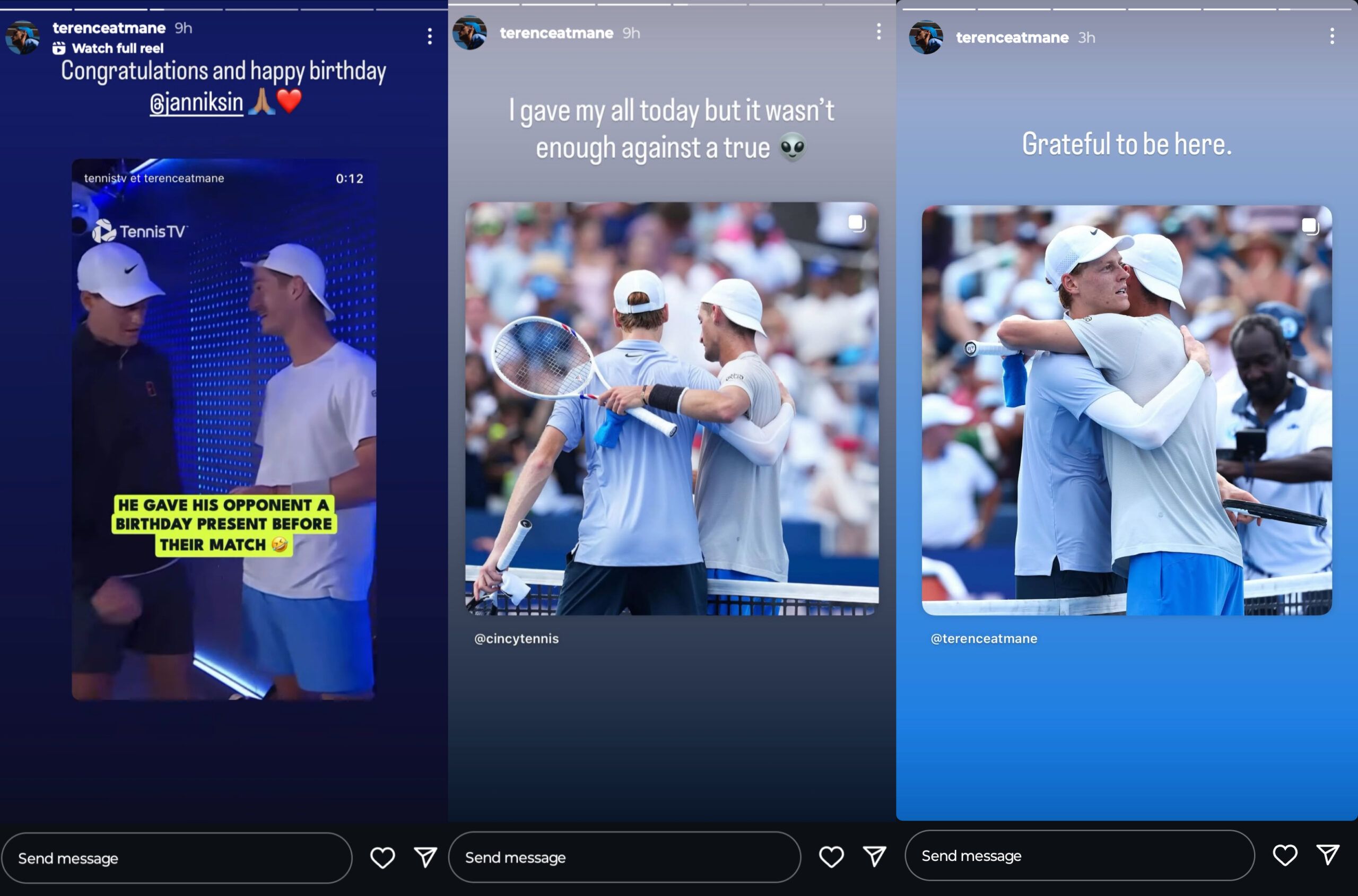 Screen grab of Jannik Sinner's opponent Térence Atmane's Instagram story