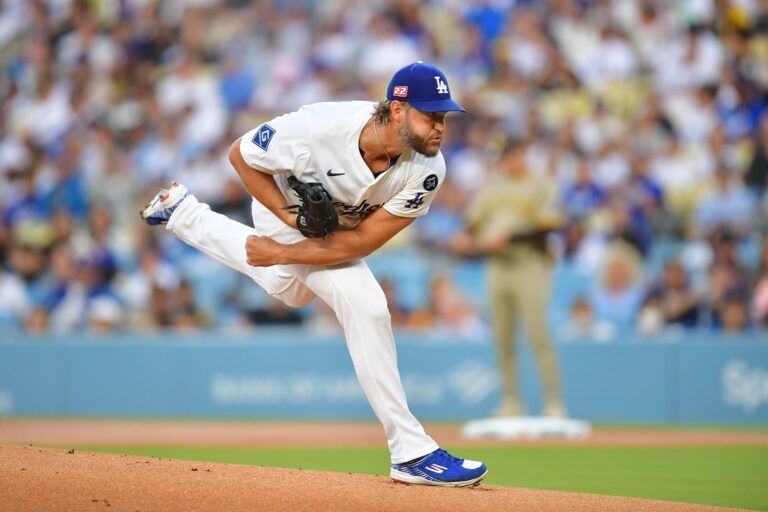 Los Angeles Dodgers pitcher Clayton Kershaw (22) throws against the San Diego Padres during the first inning at Dodger Stadium.
