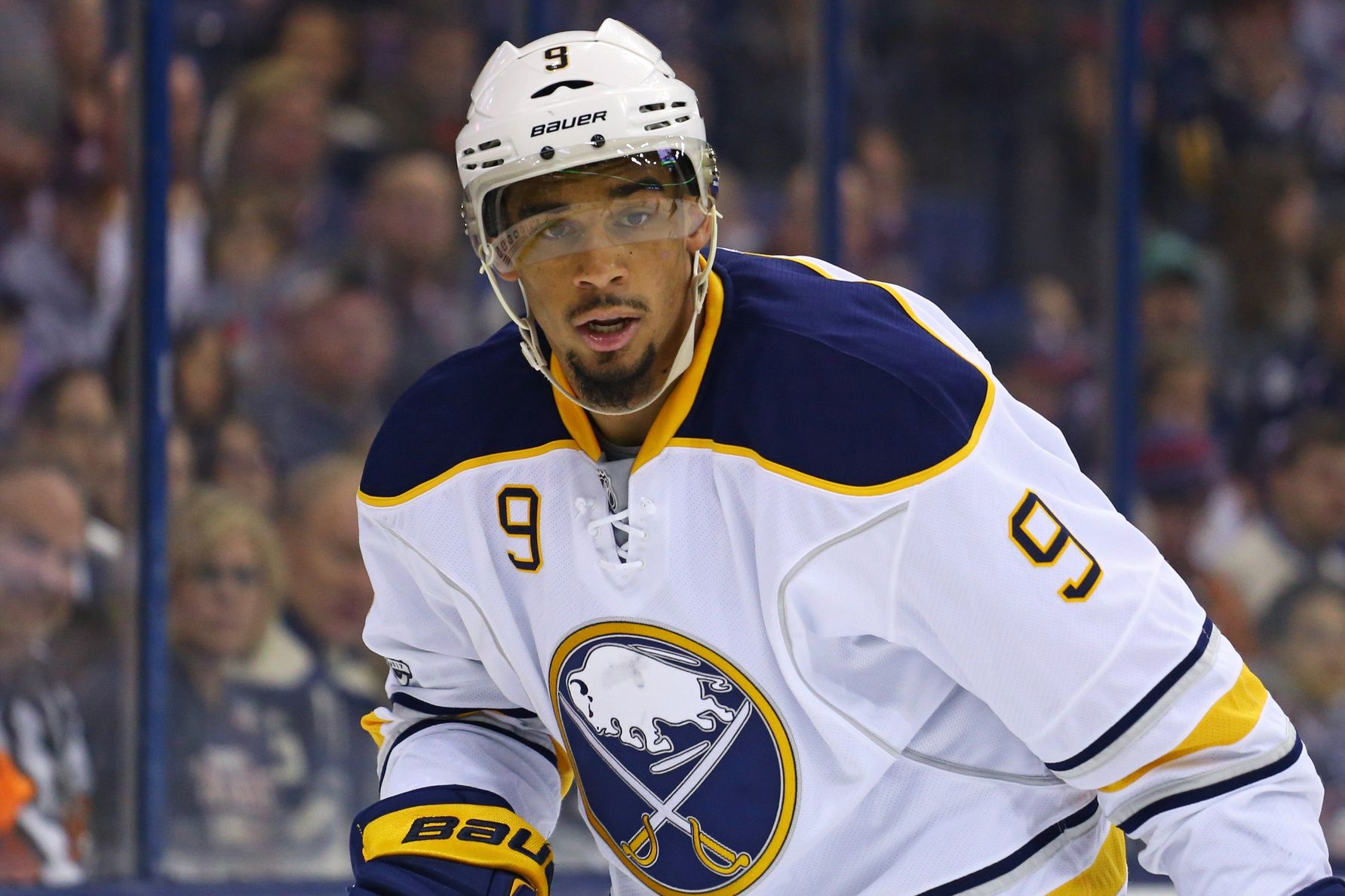 Buffalo Sabres left wing Evander Kane (9) against the Columbus Blue Jackets at Nationwide Arena. The Blue Jackets won 4-3.
