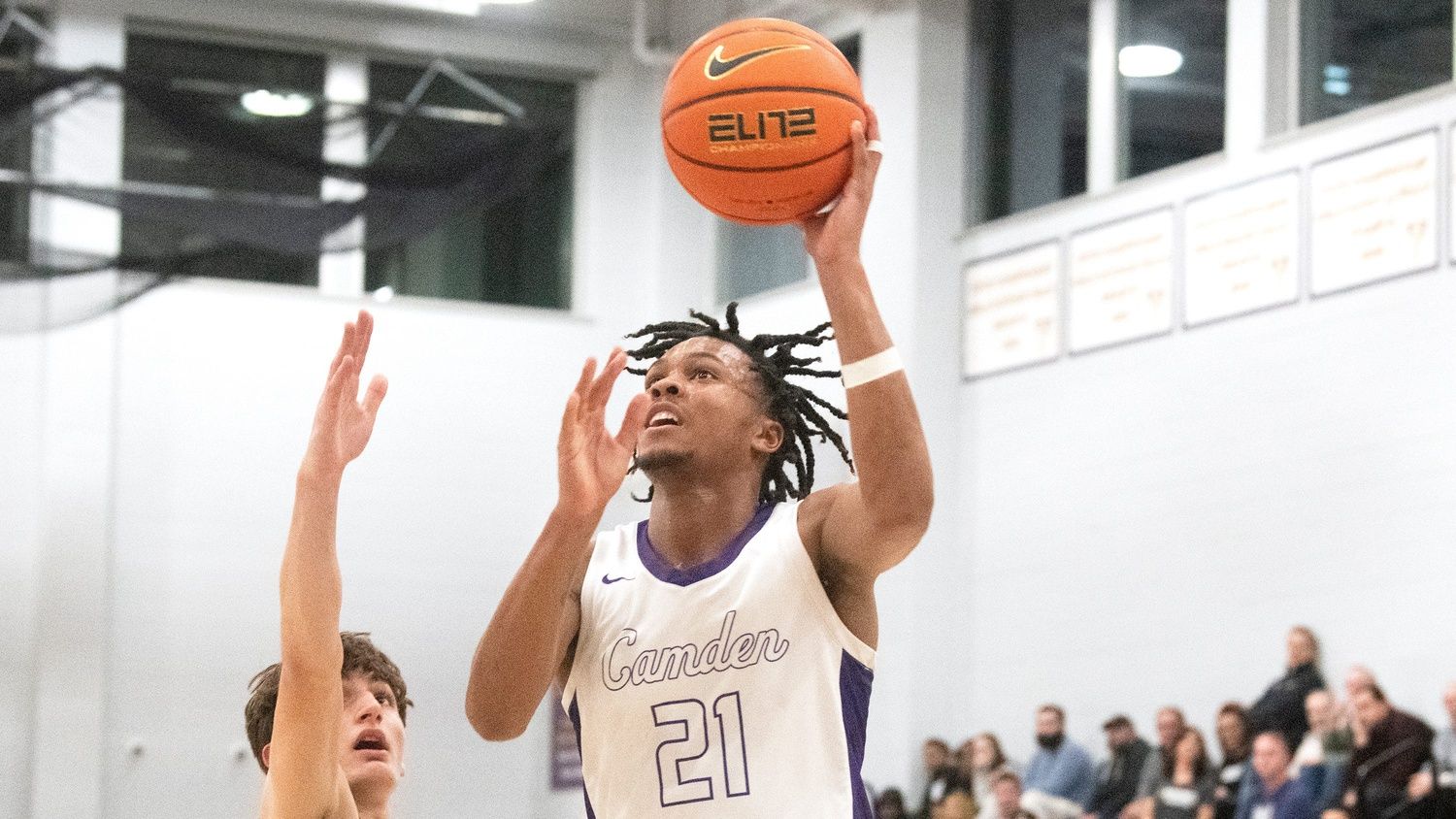 Camden's D.J. Wagner puts up a shot during the boys basketball game between Camden and Bishop Eustace played at Camden High School on Thursday, February 9, 2023.  DJ Wagner scored his 2,000th career point during the game as Camden defeated Bishop Eustace, 90-52.

High School Boys Basketball Camden Vs Bishop Eustace 3