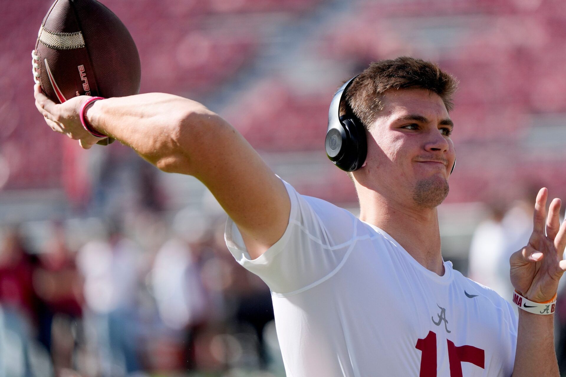 Alabama Crimson Tide quarterback Ty Simpson (15) warms up before the Crimson Tide’s game with the Mercer Bears at Bryant-Denny Stadium.