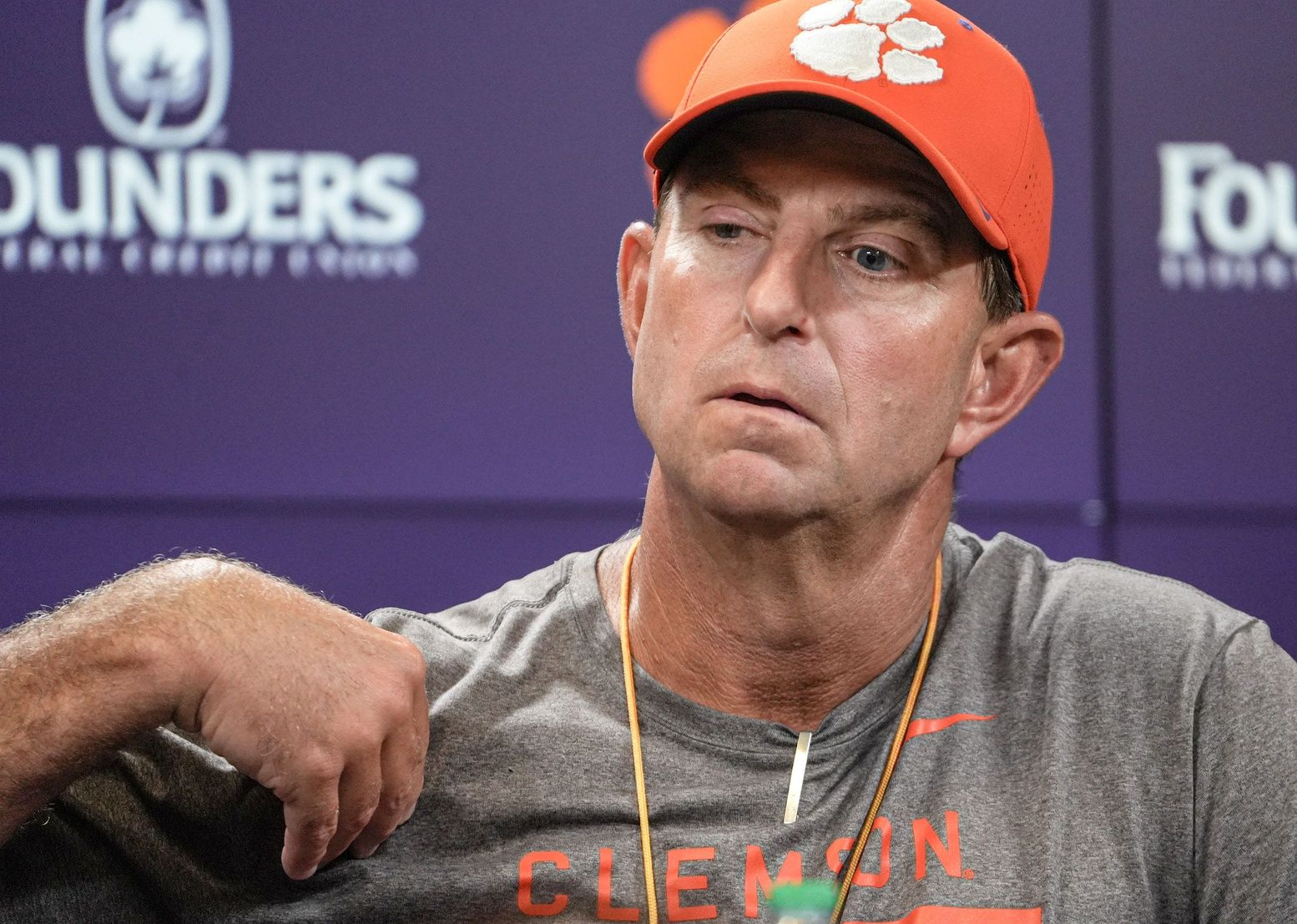 Clemson Head Coach Dabo Swinney talks with media after practice at Jervey Meadows in Clemson, S.C. Wednesday, August 6, 2025.