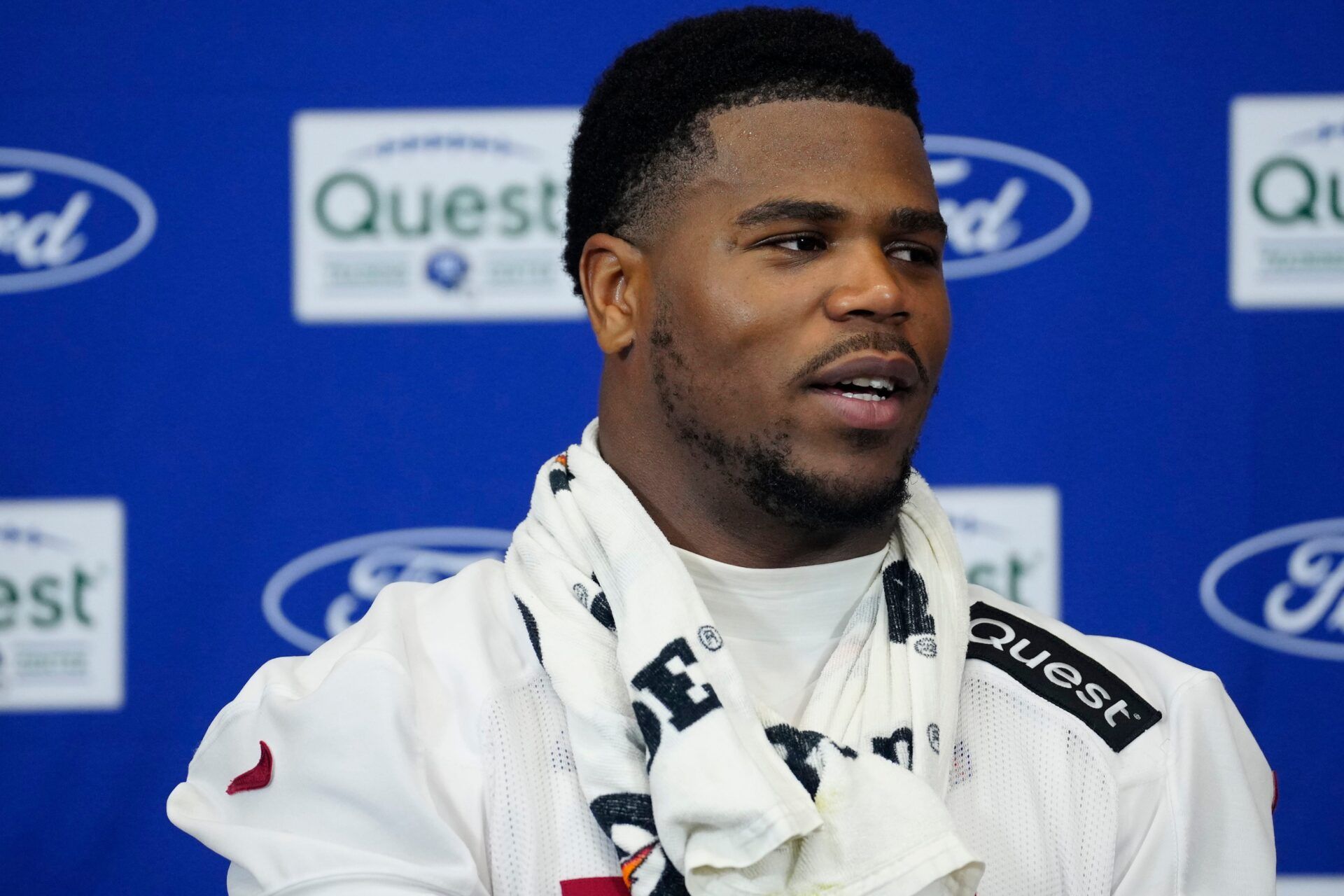New York Giants linebacker Abdul Carter (51) speaks to the press at the Quest Diagnostic Training Center, Sunday, July 27, 2025, in East Rutherford.