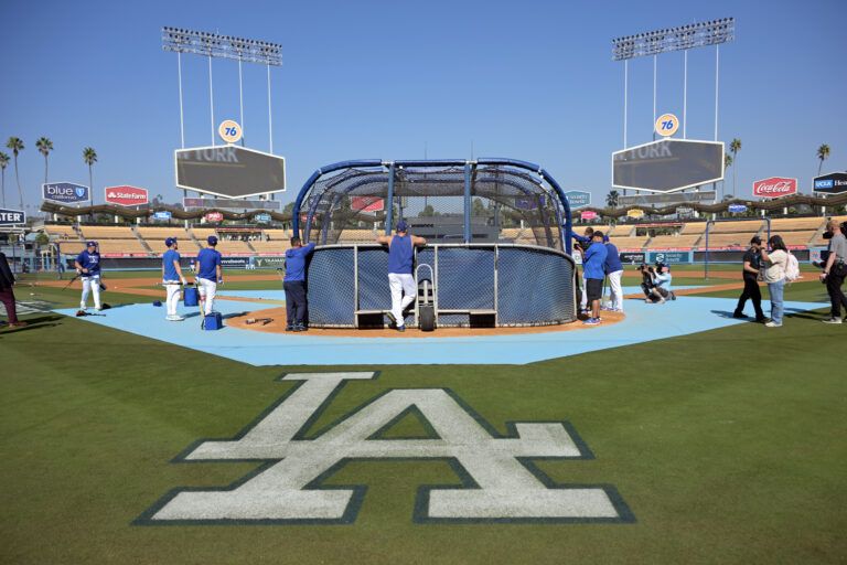 General view of the logo on the field before game one between the New York Yankees and the Los Angeles Dodgers in the 2024 MLB World Series at Dodger Stadium.