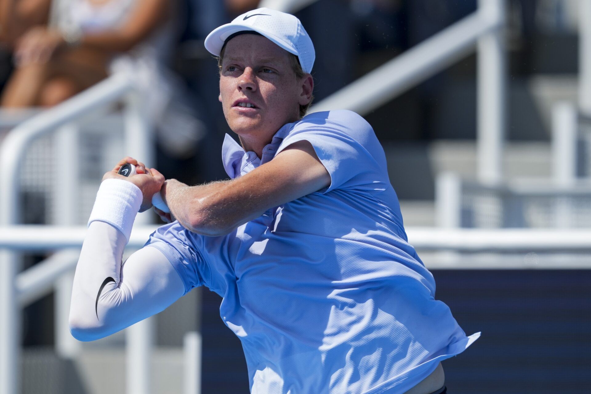 Jannik Sinner (ITA) returns a shot against Terence Atmane (FRA) during the Cincinnati Open at the Lindner Family Tennis Center.