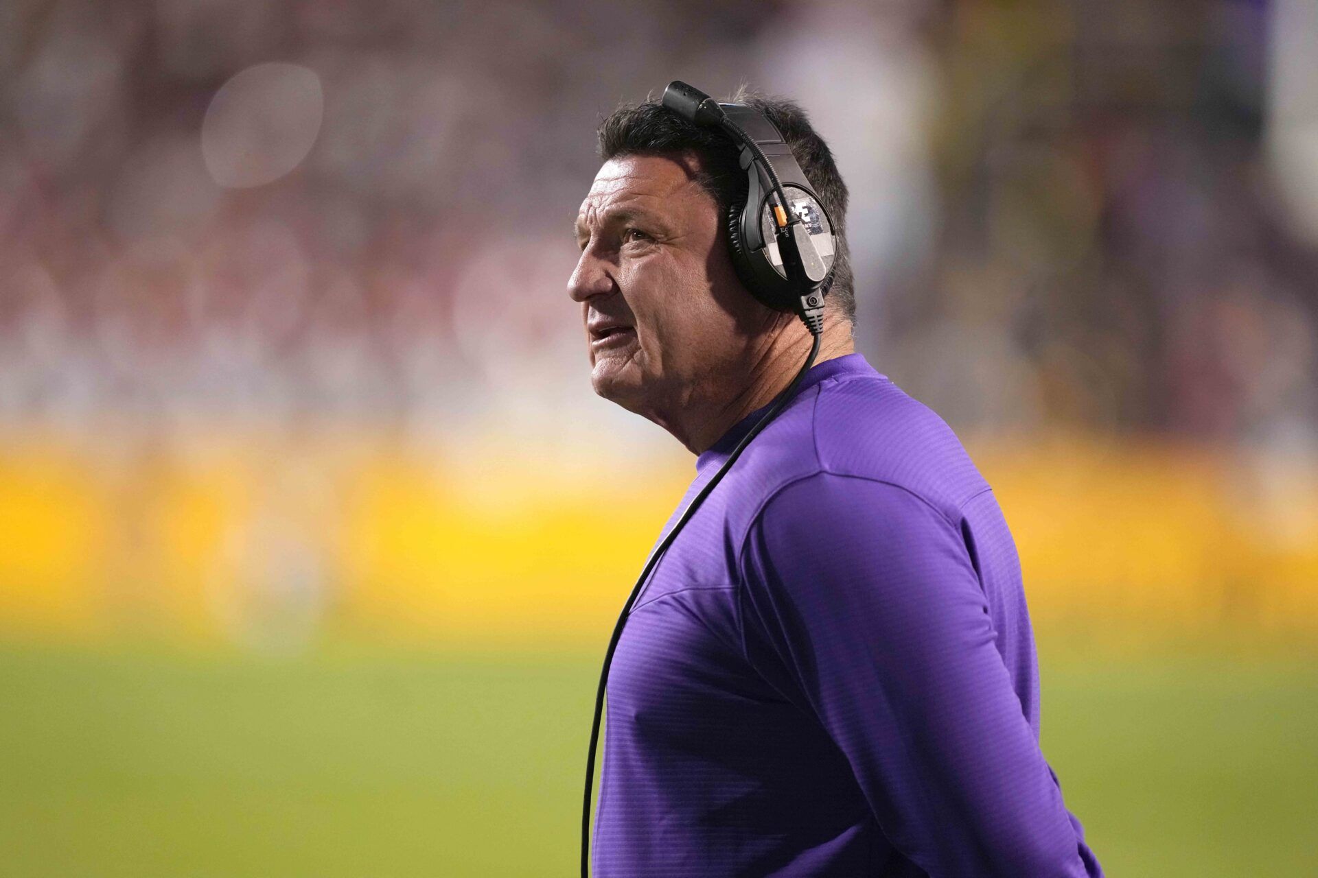 LSU Tigers head coach Ed Orgeron reacts in the first half against the Arkansas Razorbacks at Tiger Stadium.