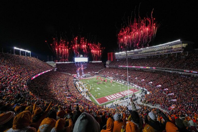 Fireworks erupt as the Ohio State Buckeyes take the field prior to the College Football Playoff first round game against the Tennessee Volunteers at Ohio Stadium in Columbus on Dec. 21, 2024.