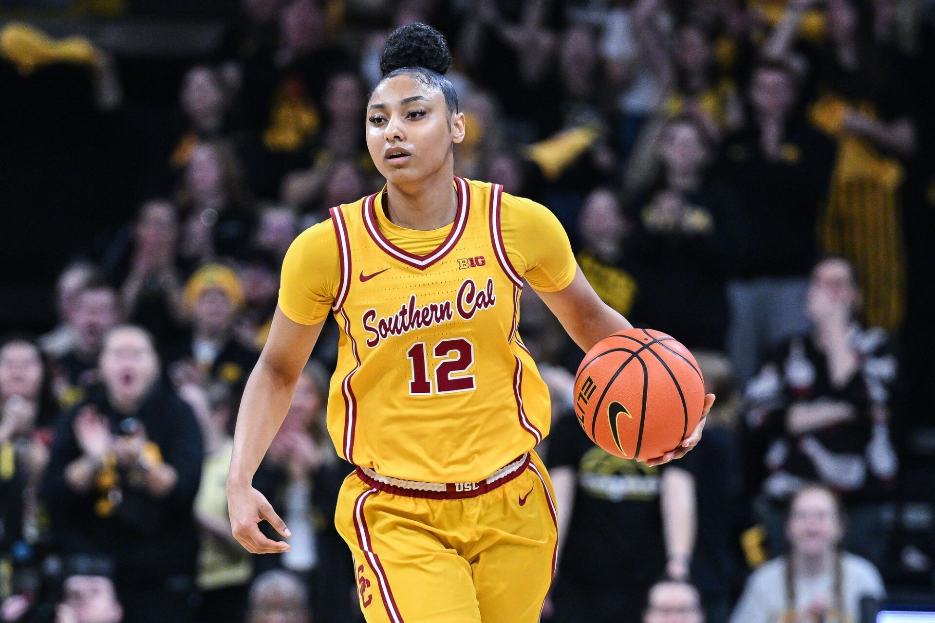 USC Trojans guard JuJu Watkins (12) in action during the game against the Iowa Hawkeyes at Carver-Hawkeye Arena.