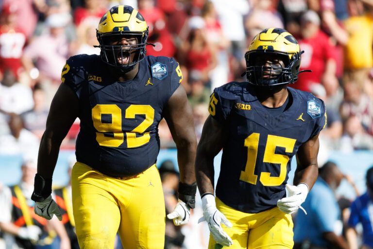 Michigan Wolverines defensive lineman Ike Iwunnah (92) celebrates a sack with Michigan Wolverines linebacker Ernest Hausmann (15) against the Alabama Crimson Tide during the second half at Raymond James Stadium.