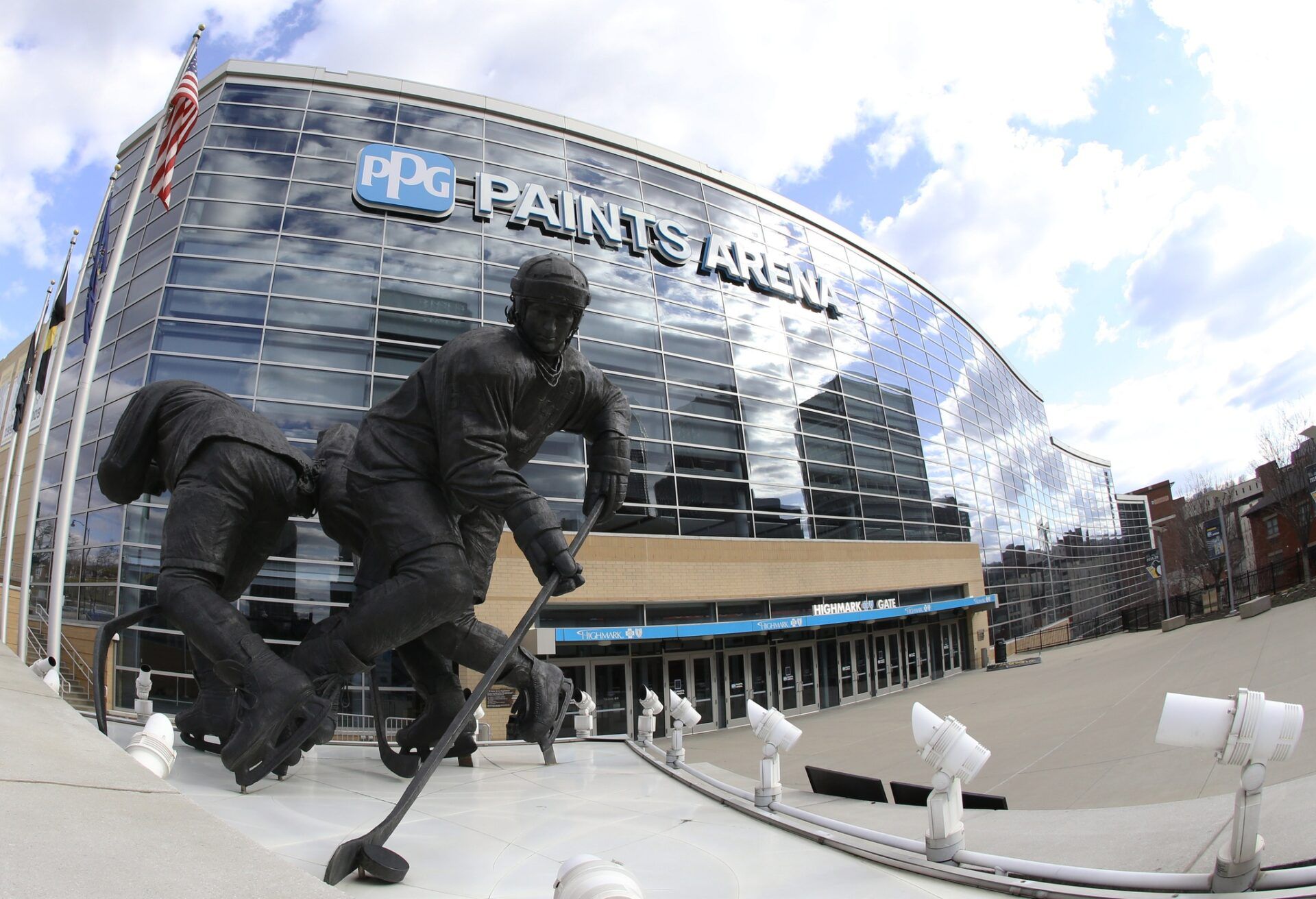General exterior view of the Mario Lemieux statue outside the PPG PAINTS Arena as the NHL game scheduled between the Pittsburgh Penguins and the New York Islanders was suspended due to COVID-19 coronavirus concerns.