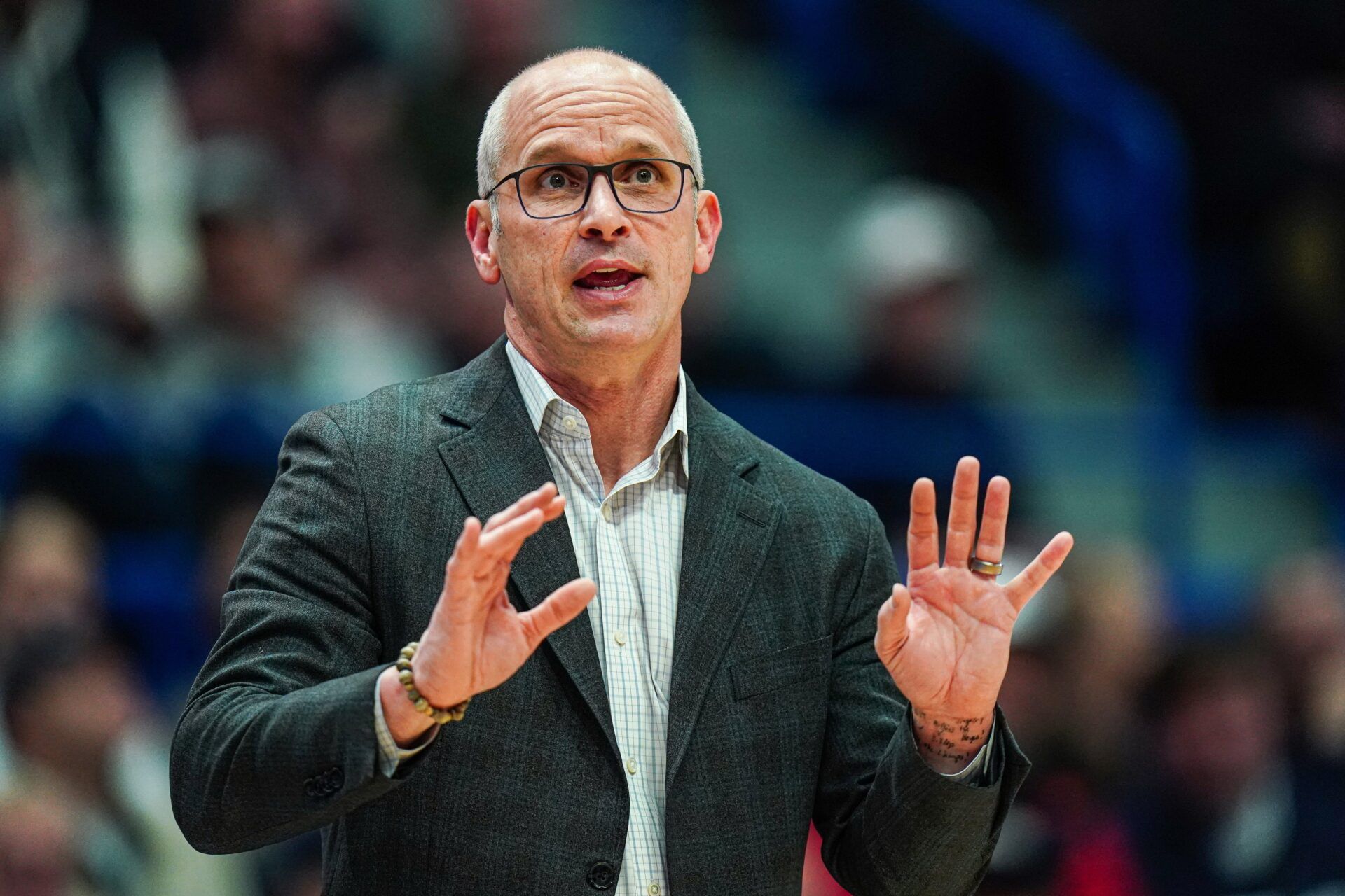UConn Huskies head coach Dan Hurley watches from the sideline as they take on the Butler Bulldogs at Harry A. Gampel Pavilion.