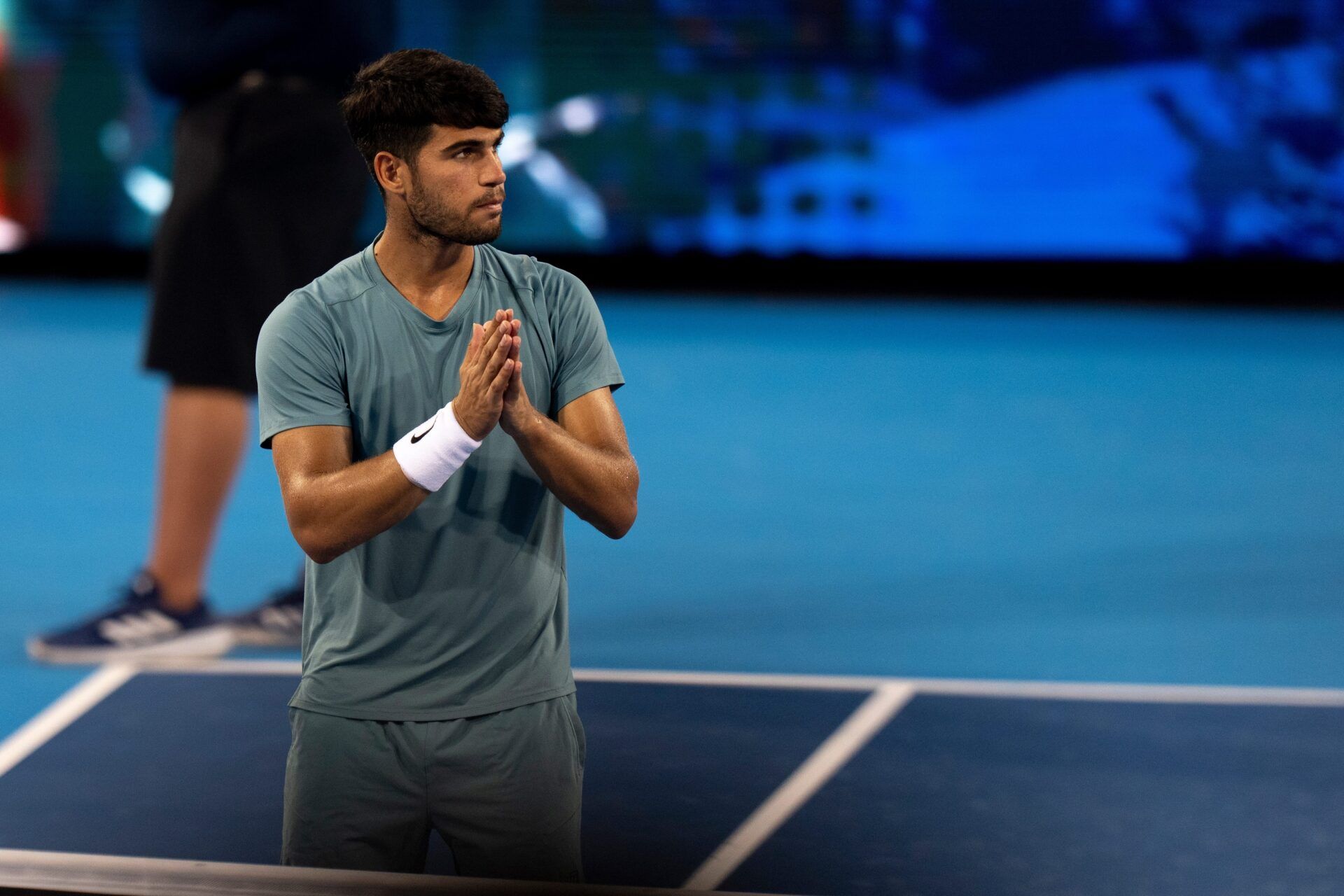 Carlos Alcaraz, of Spain, reacts after defeating Alexander Zverev, of Germany, during the Cincinnati Open in Mason on Aug. 16, 2025.